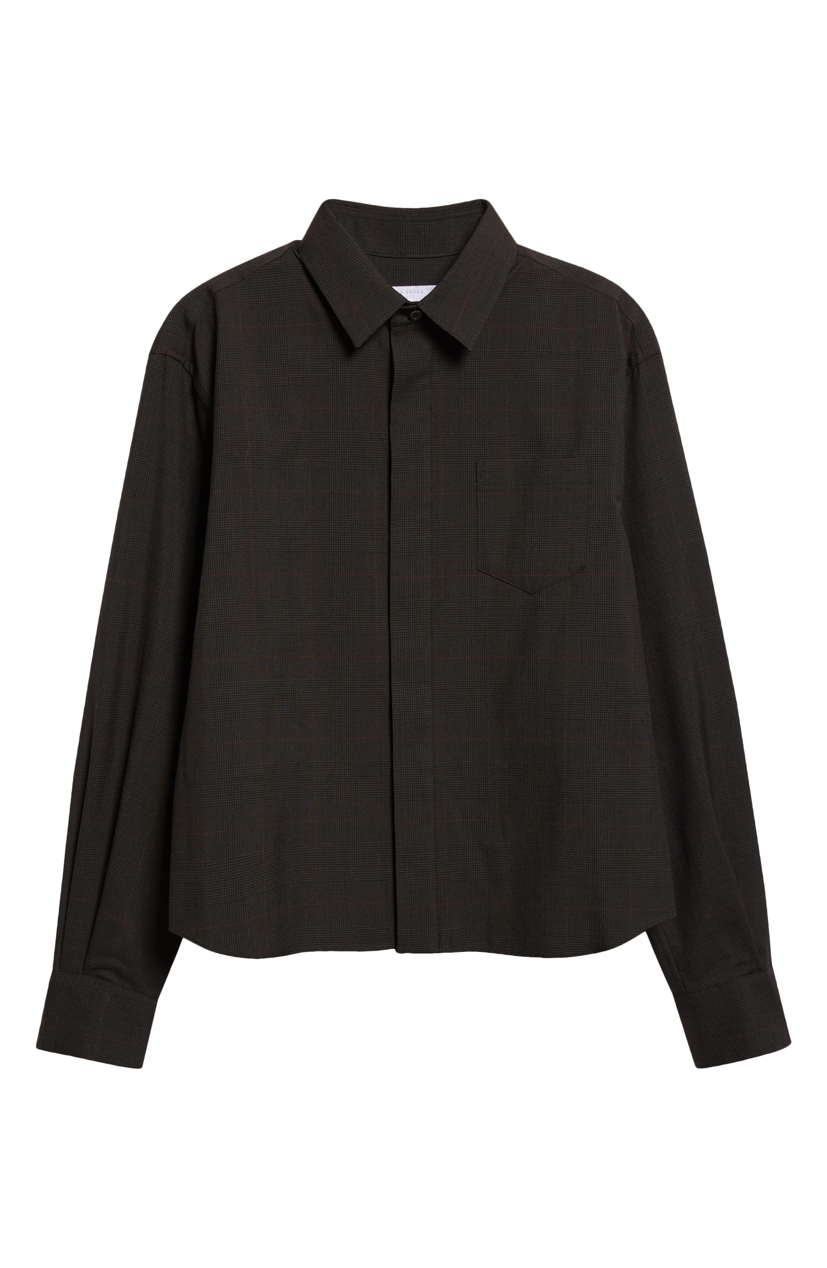 Sacai Glen Check Mixed Media Button-Up Shirt in Black/Khaki at Nordstrom - 6