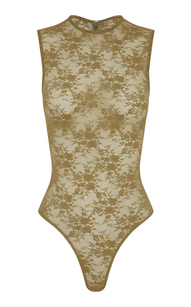 Sheer Stretch-Lace Bodysuit khaki 1
