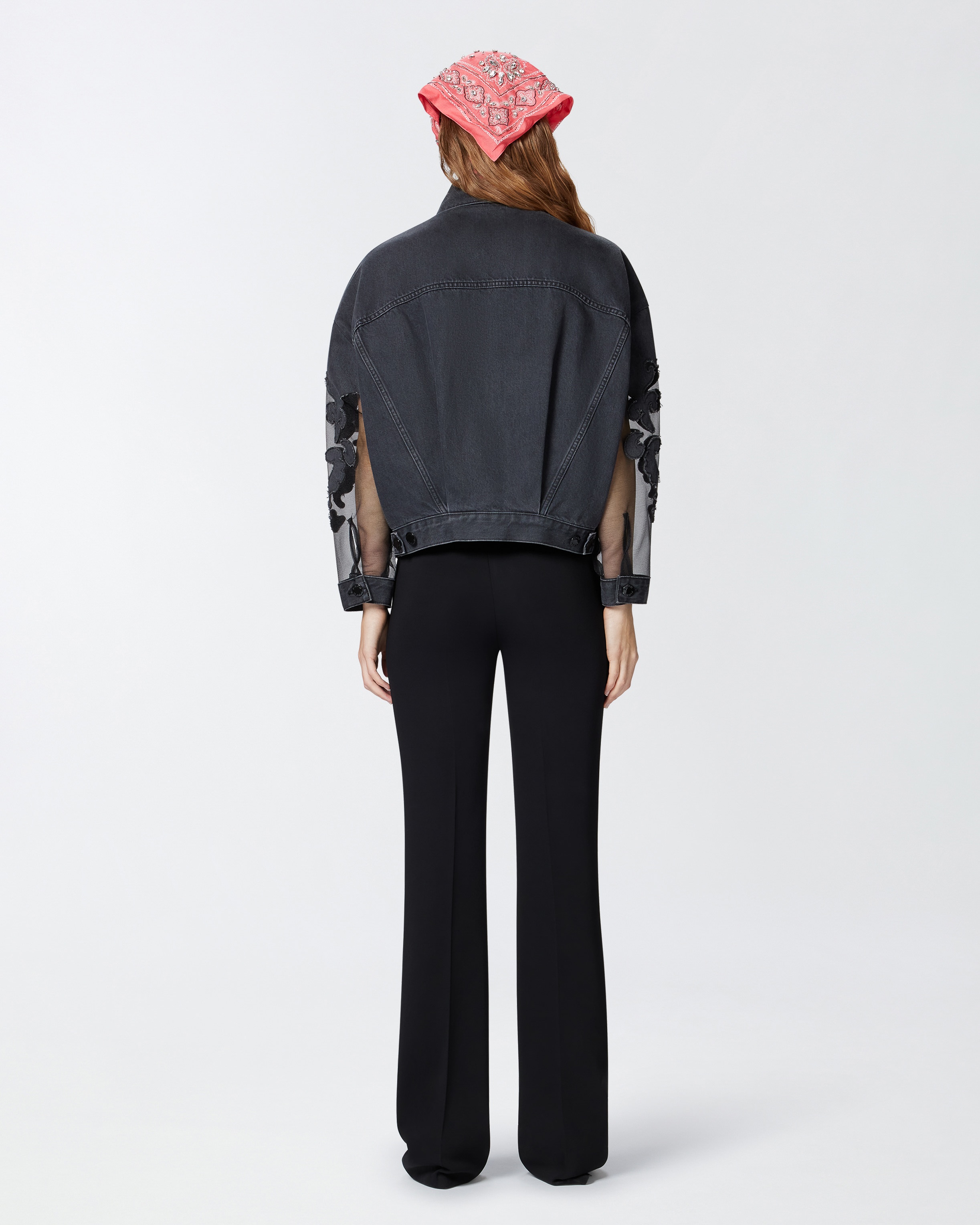 BLACK DENIM JACKET WITH ORGANZA SLEEVES - 4