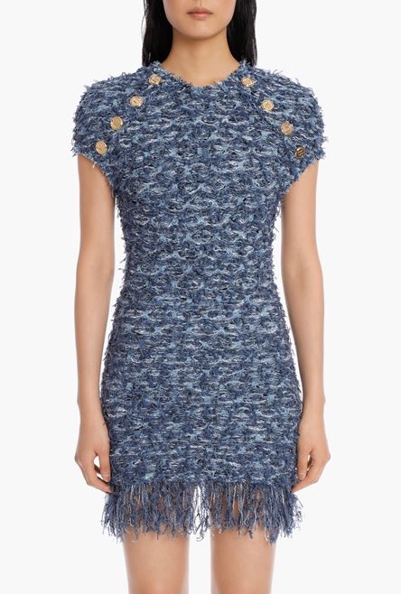 Short blue tweed dress with fringe - 5