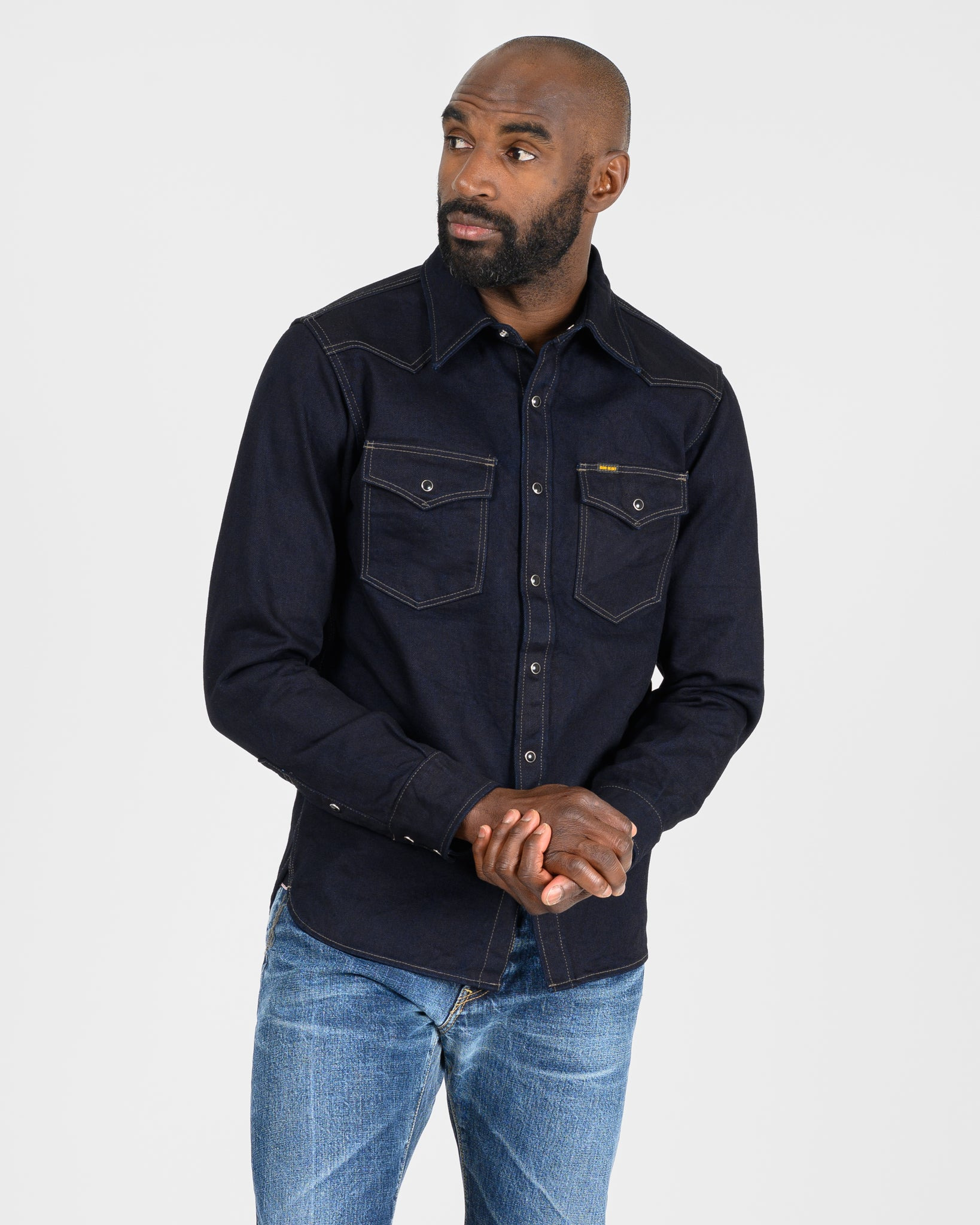 IHSH-295-IB 14oz Selvedge Denim Western Shirt - Indigo/Black - 2
