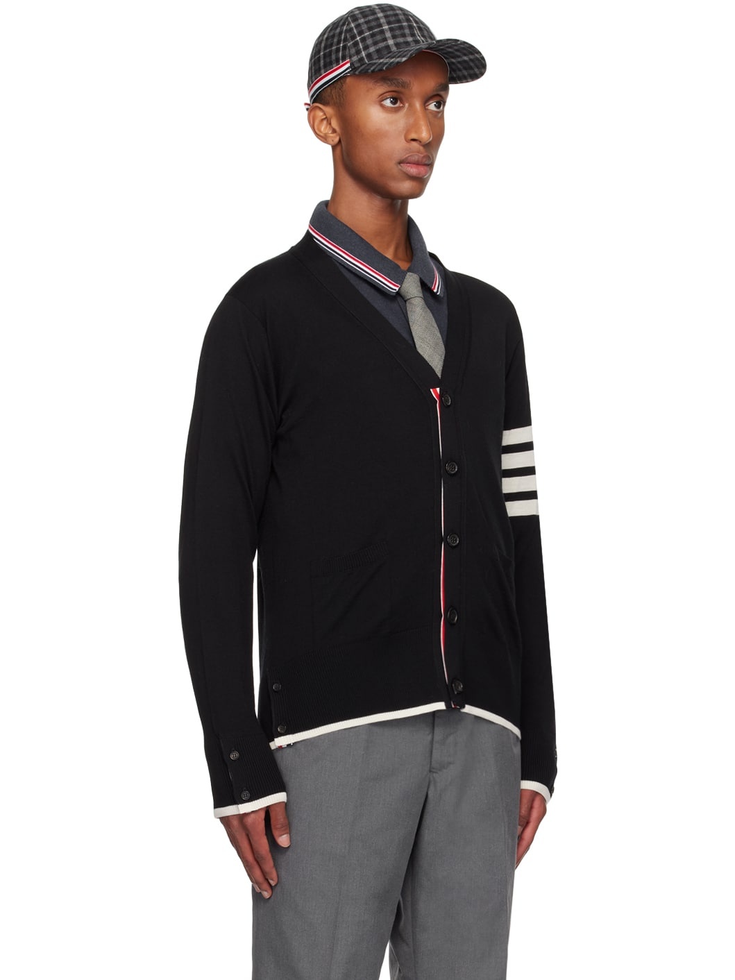 Black Fine Wool 4-Bar Relaxed Fit Cardigan - 2