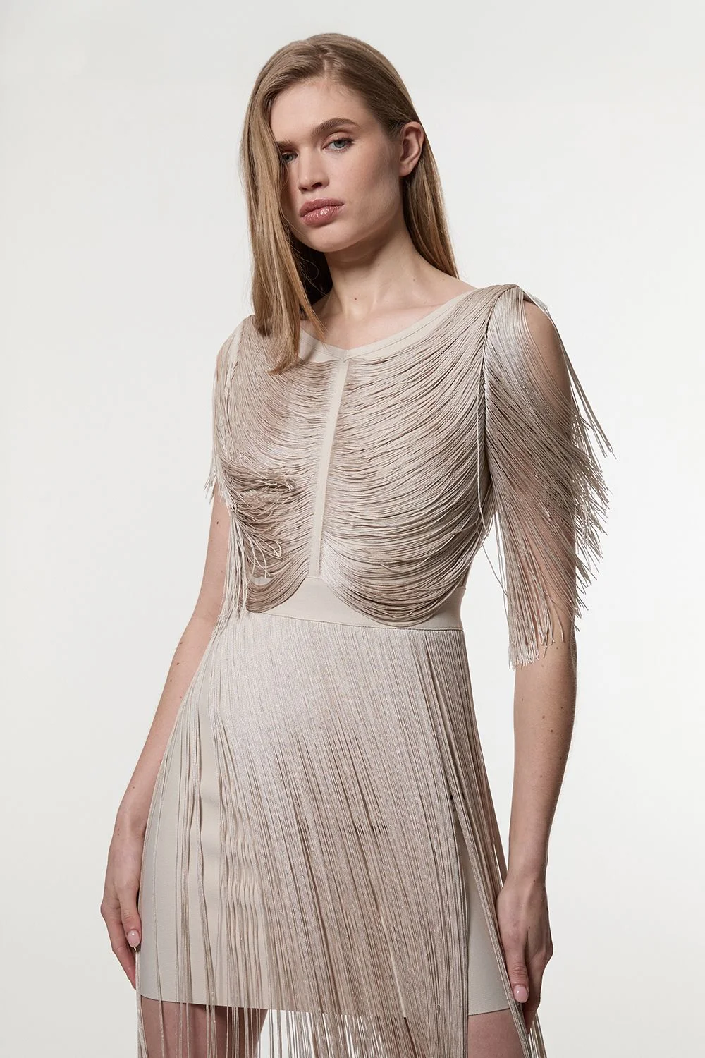 Petite Maxi Draped Fringe Knitted Mini Dress - 1