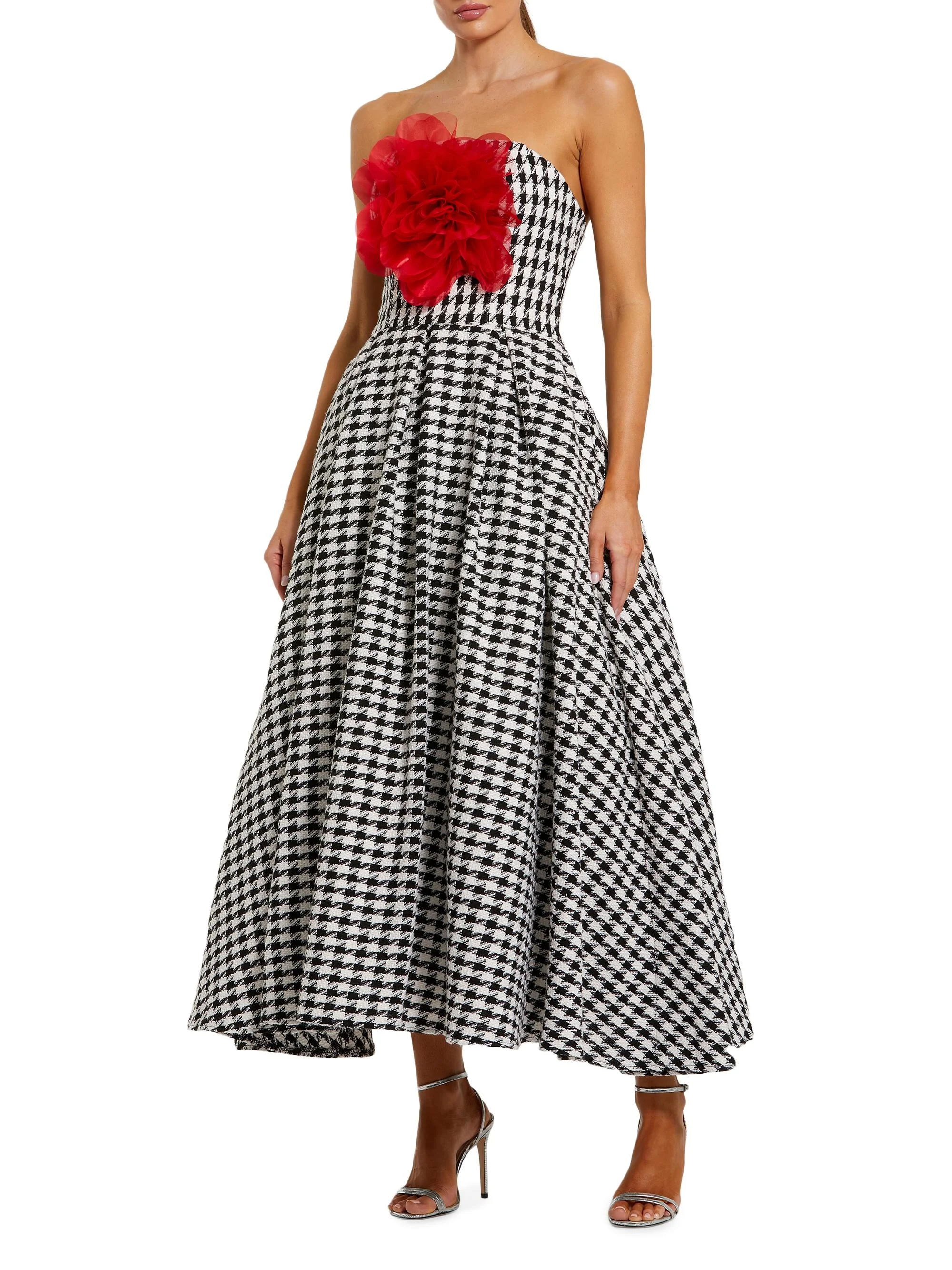 Women's Strapless Hounstooth Midi-Dress - Black White - 1