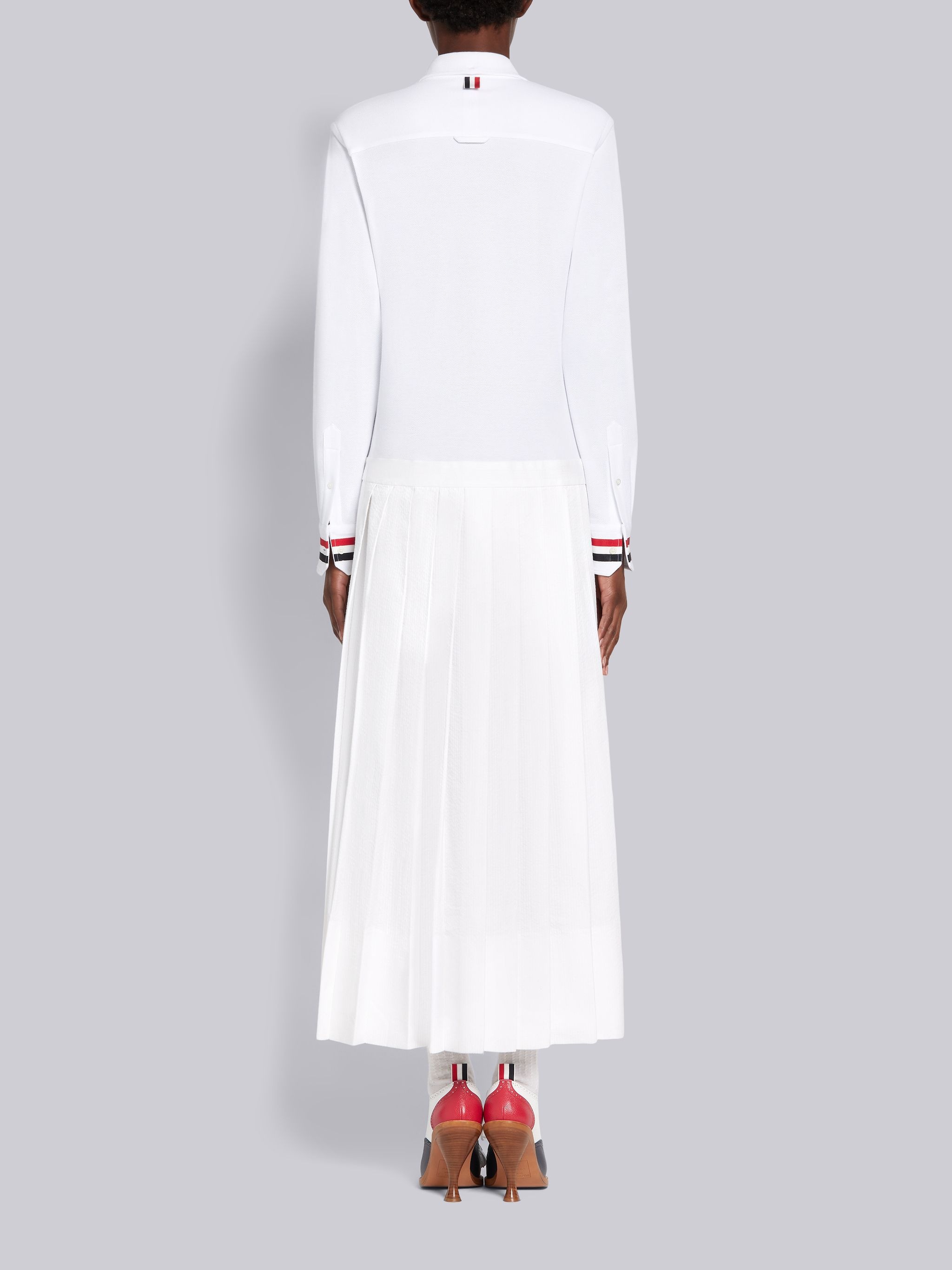 White Cotton Pique Striped Cuff Long Sleeve Ankle Length Pleated Shirtdress - 3