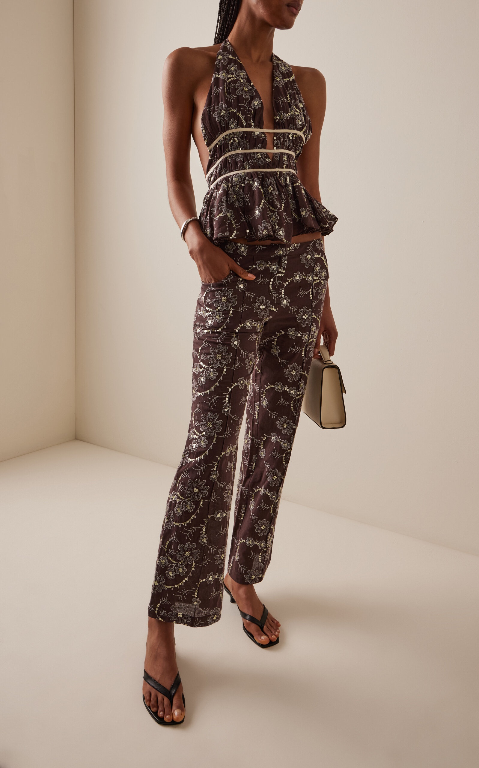 Cera Embroidered Straight-Leg Pants brown - 2