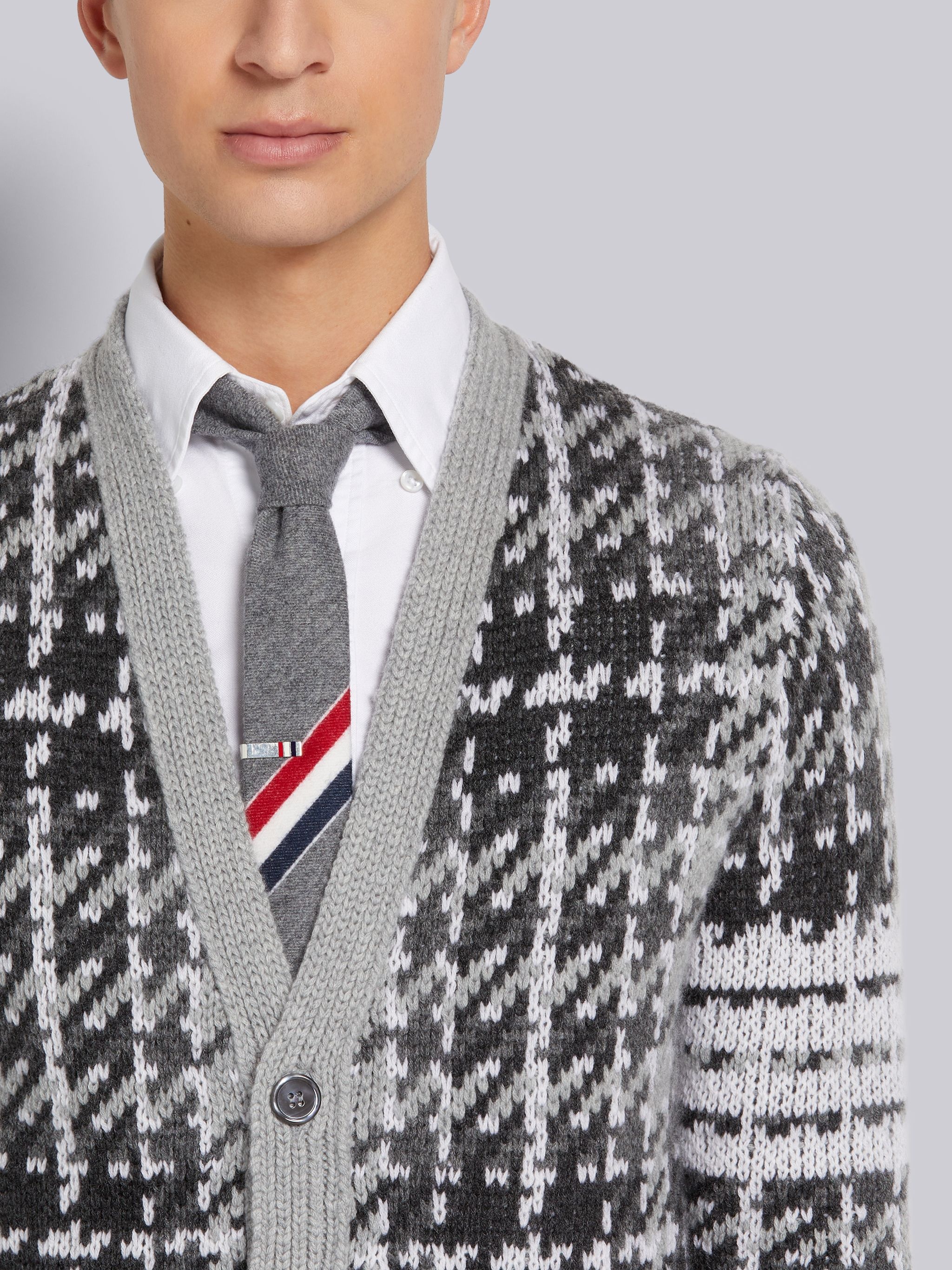 Tonal Grey Windowpane Check Jacquard Cashmere 4-Bar Stripe Classic V-Neck Cardigan - 5