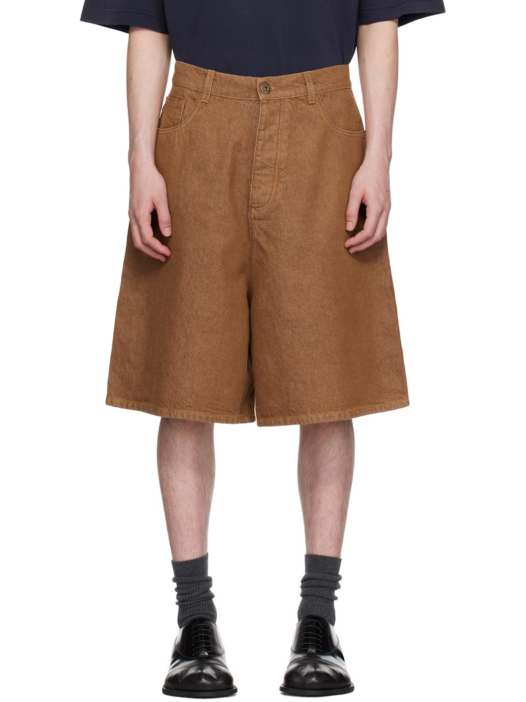 Brown Aged Denim Shorts - 1