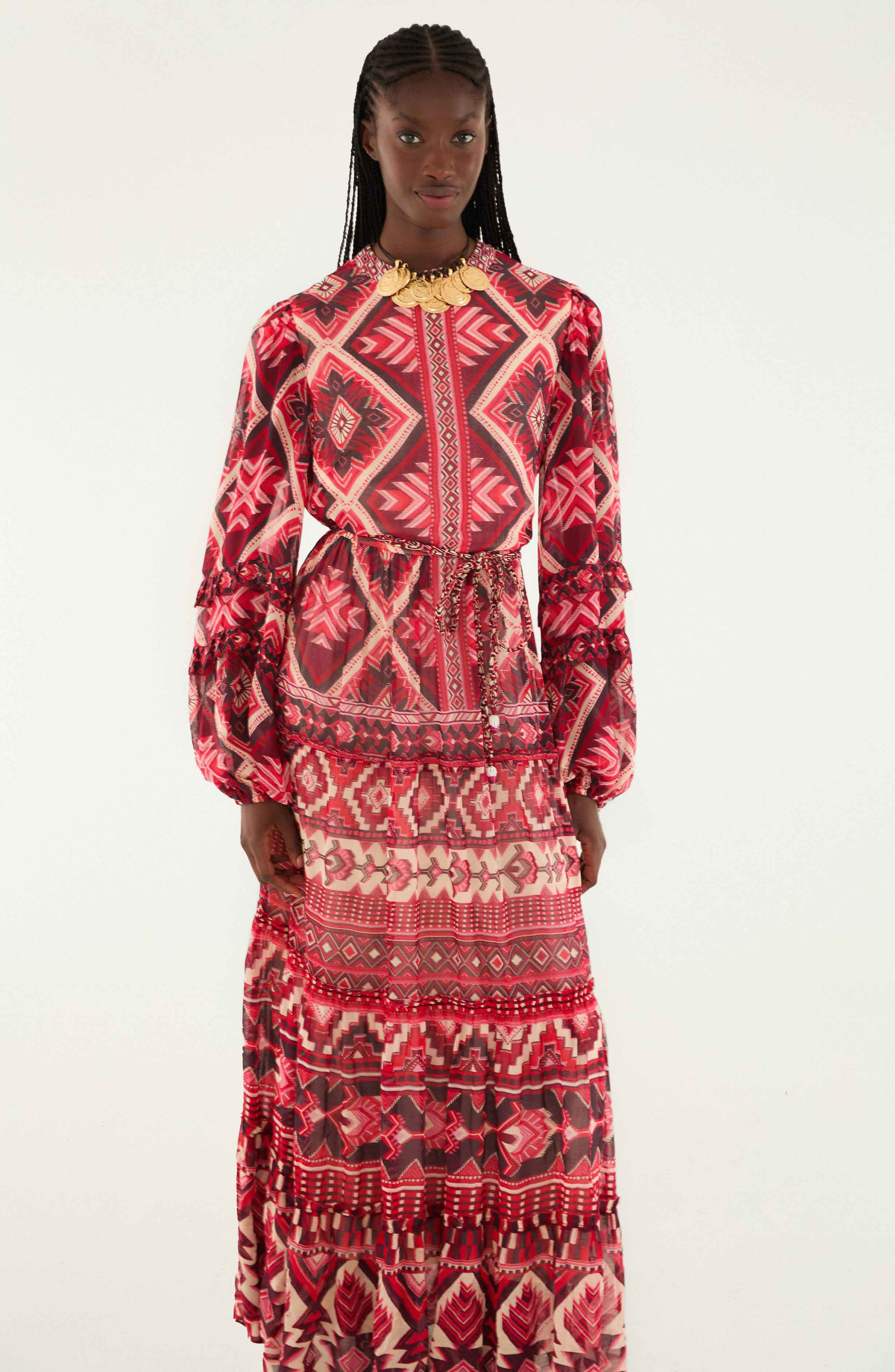 FARM Rio Ainika Long Sleeve Tiered Maxi Dress in Graphic Ainika Red at Nordstrom - 4
