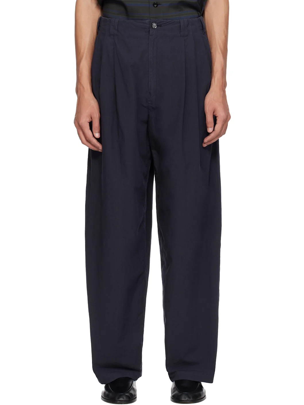 Navy Cotton Typewriter Garment-dyed 3pleated Tapered Trousers - 1