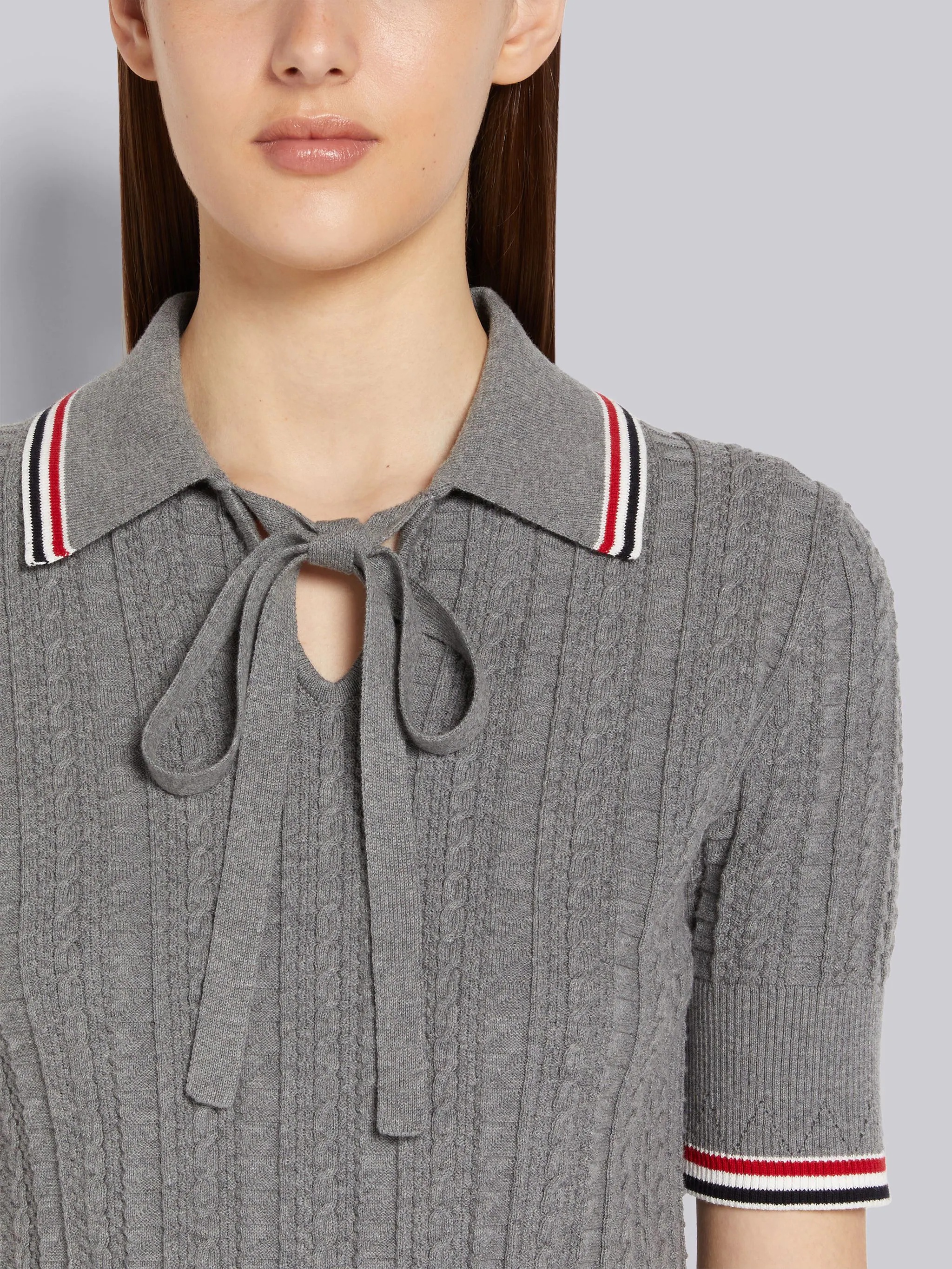 Light Grey Cable Texture Overtwisted Cotton Stripe Framing Keyhole Polo - 5