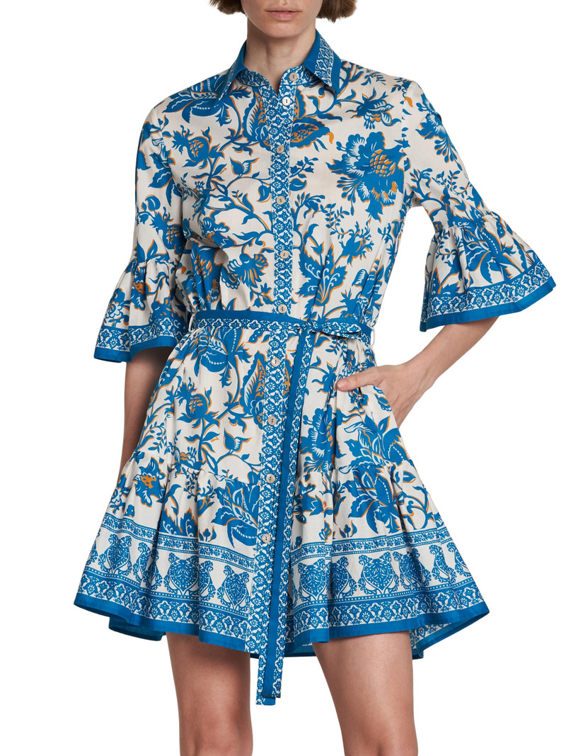 Women's Floral Stretch Cotton Mini-Shirtdress - Stampa Bianco 3