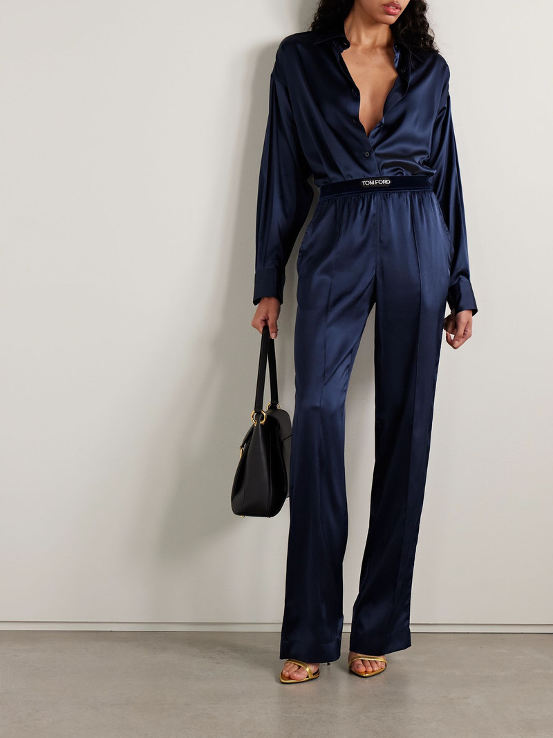 TOM FORD Velvet-trimmed stretch-silk satin pants Navy outlook