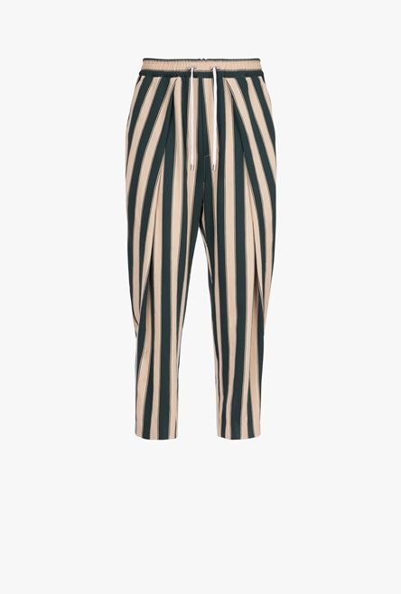 Sand-colored and dark green striped eco-designed cotton pleated pants - 1