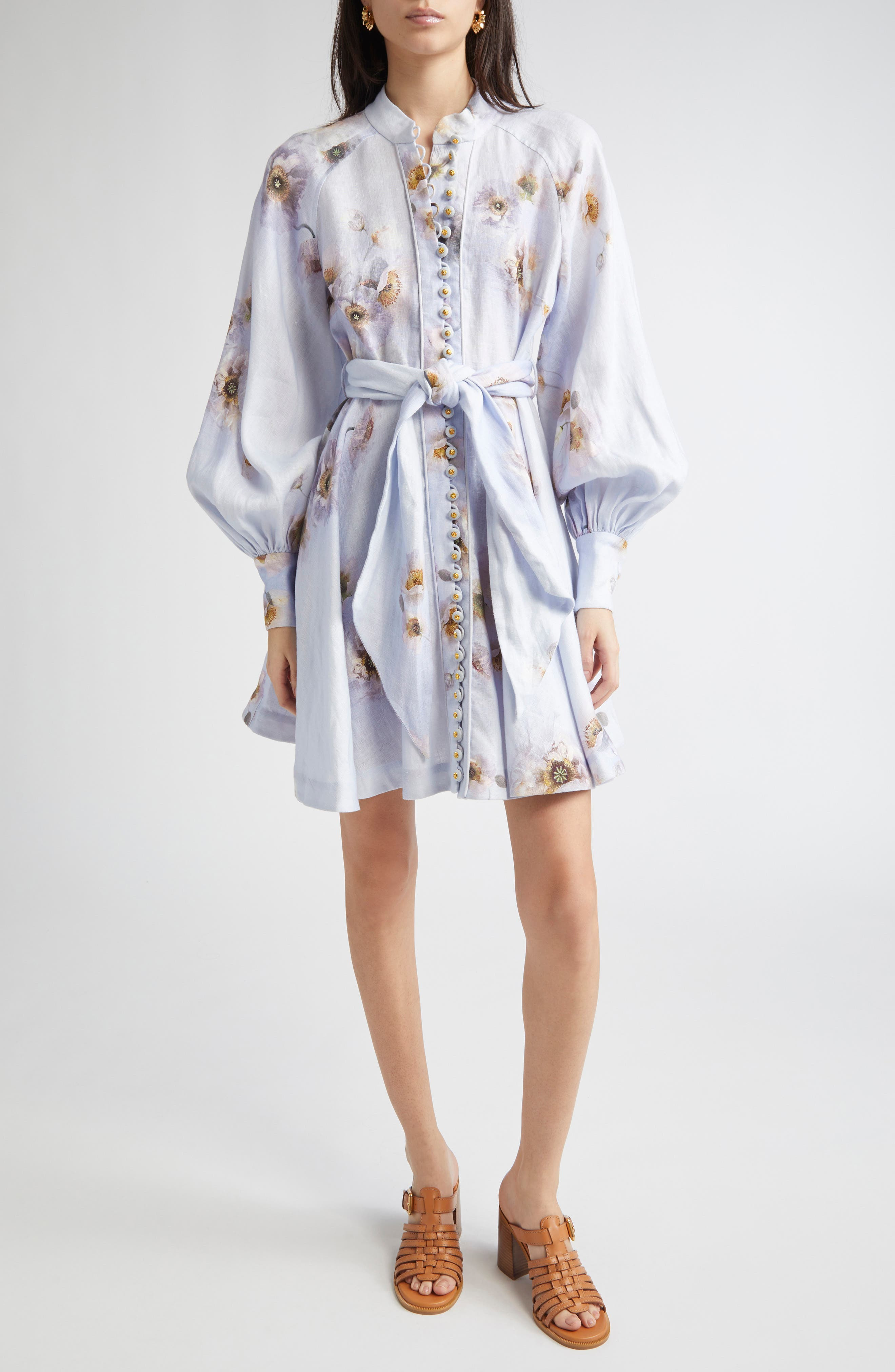 Zimmermann Hypnotic Long Sleeve Belted Linen Minidress in Lilac Poppy at Nordstrom - 1