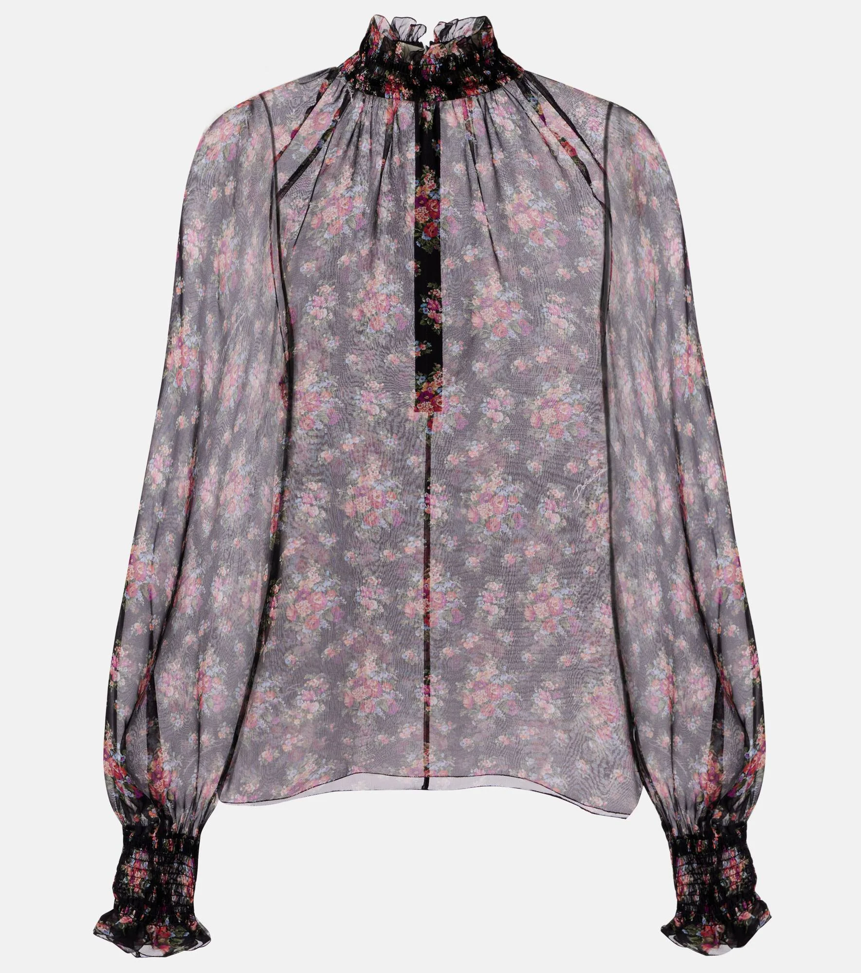 Floral ruffled sheer silk blouse - 1
