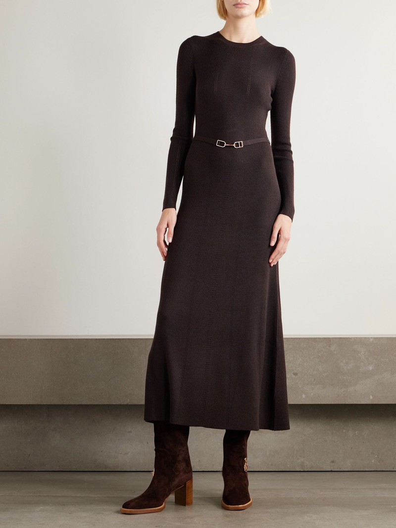GABRIELA HEARST Imagene belted ribbed pointelle-knit wool midi dress Brown outlook