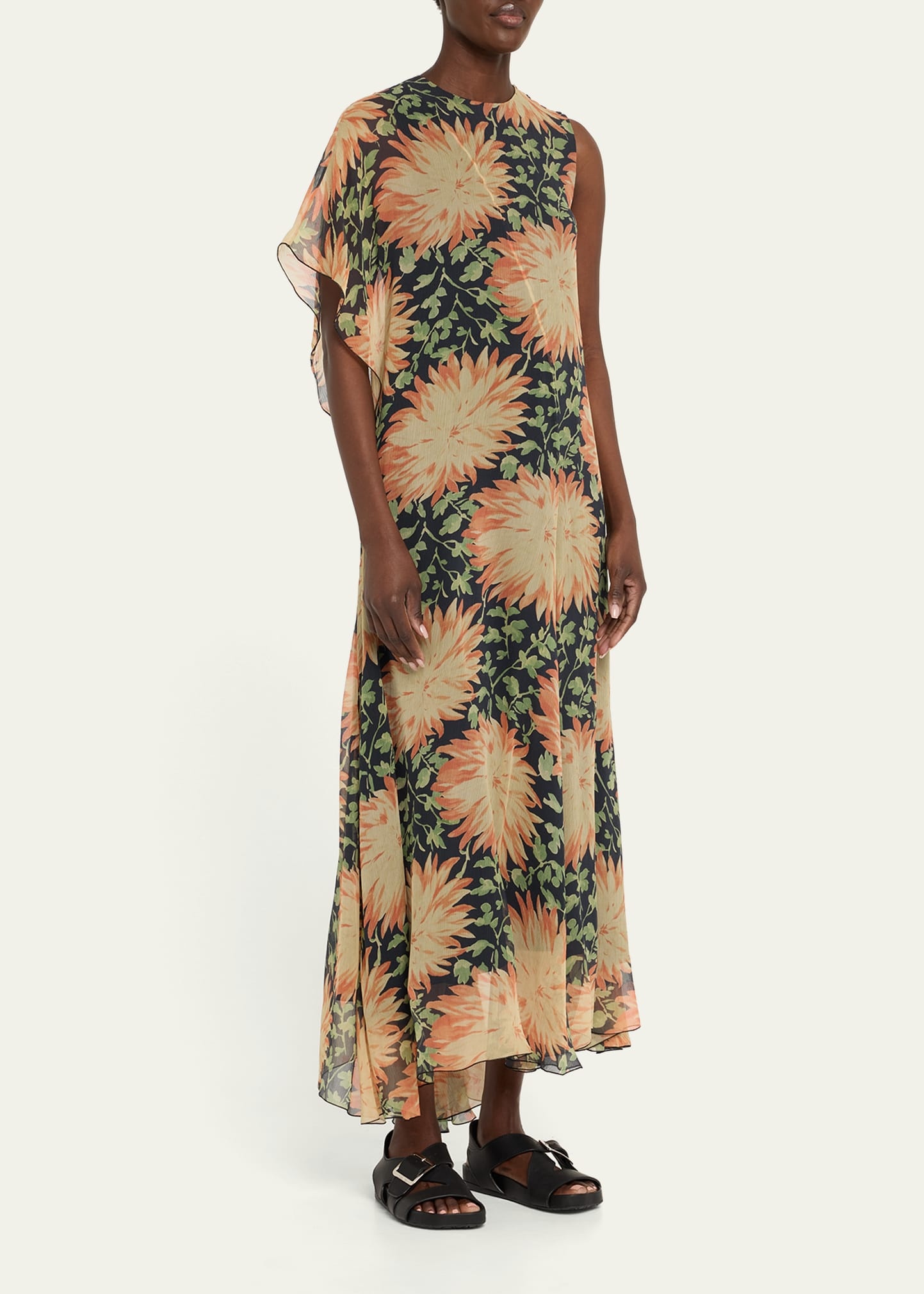 Long Floral Print One-Sleeve Chiffon Silk Dress - 4