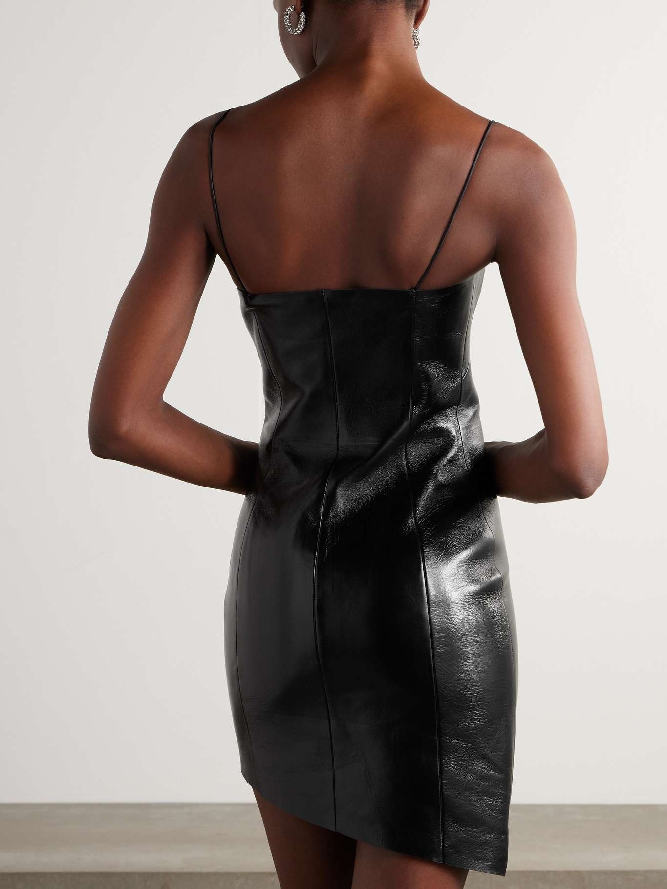 Asymmetric glossed textured-leather mini dress - 3