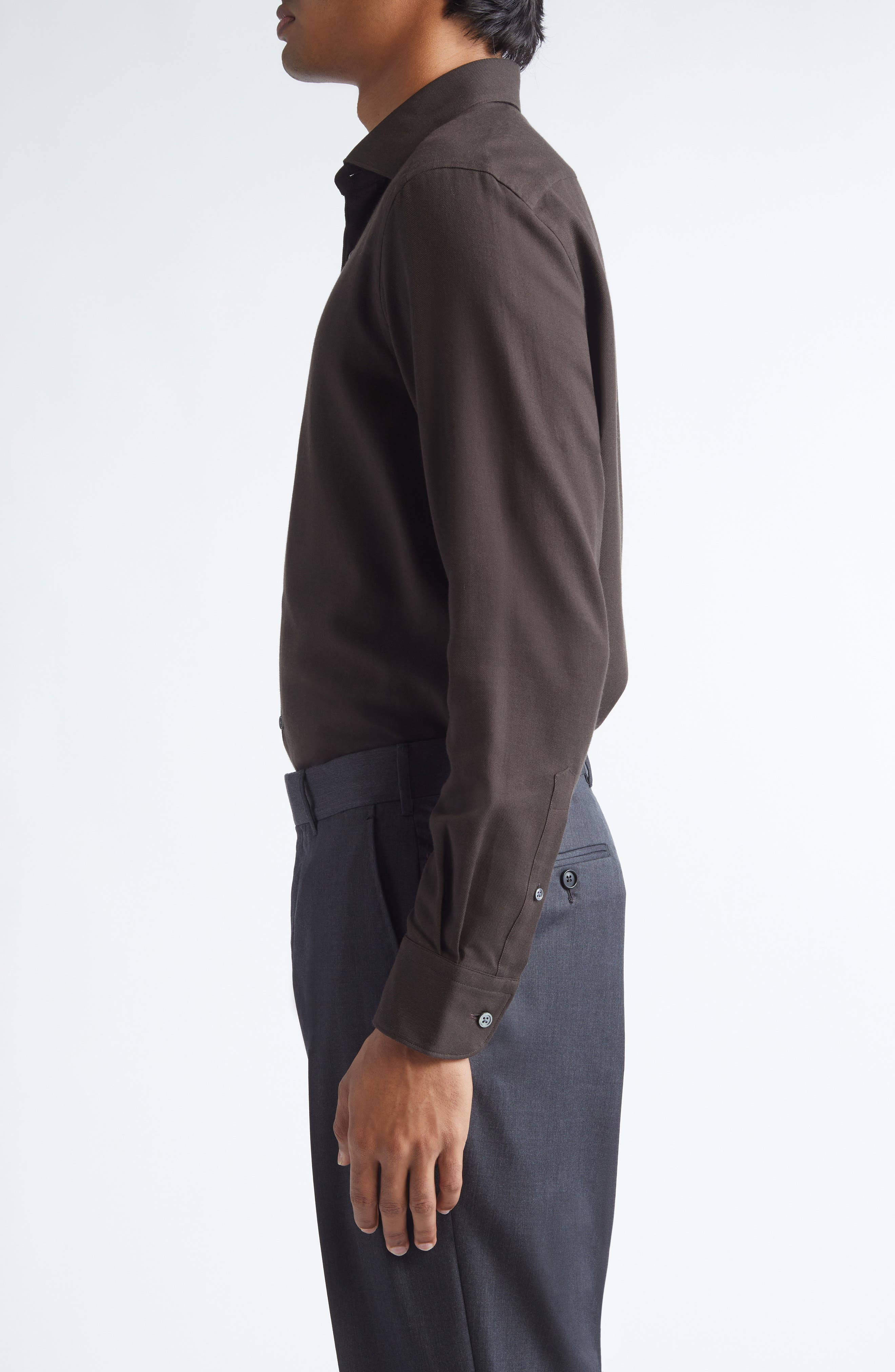 ZEGNA Cashco Cotton & Cashmere Button-Up Shirt in Dark Brown at Nordstrom - 3
