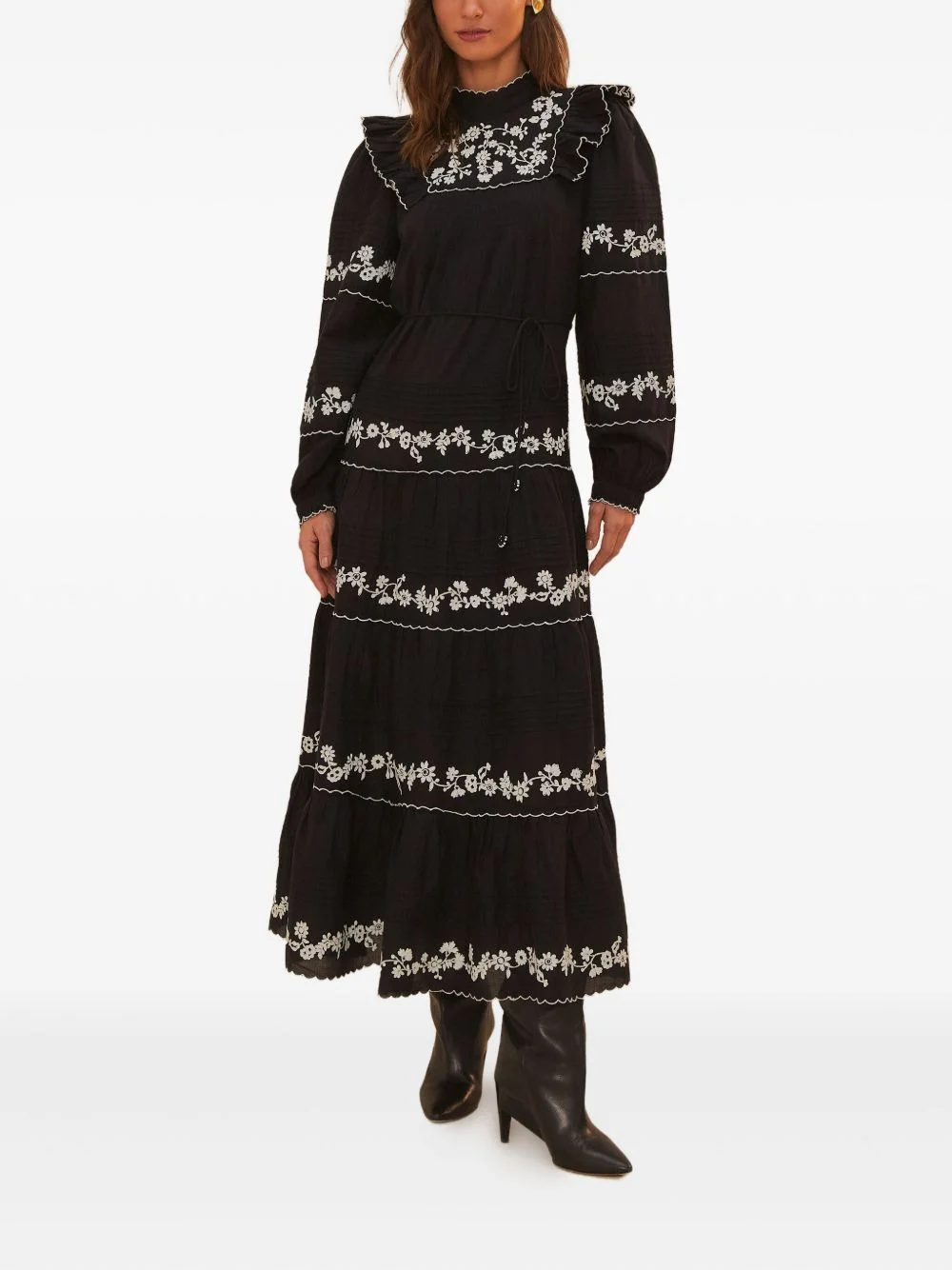 floral-embroidered tiered ruffle dress - 1