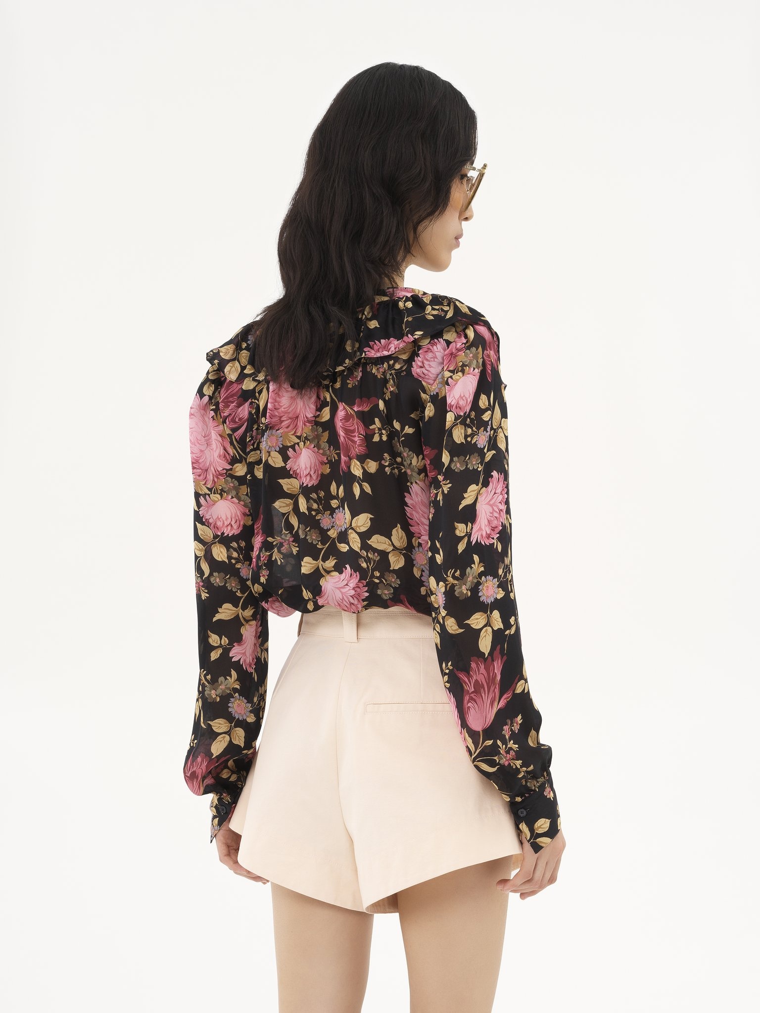 V-NECK RUFFLED BLOUSE IN SILK CHARMEUSE - 5