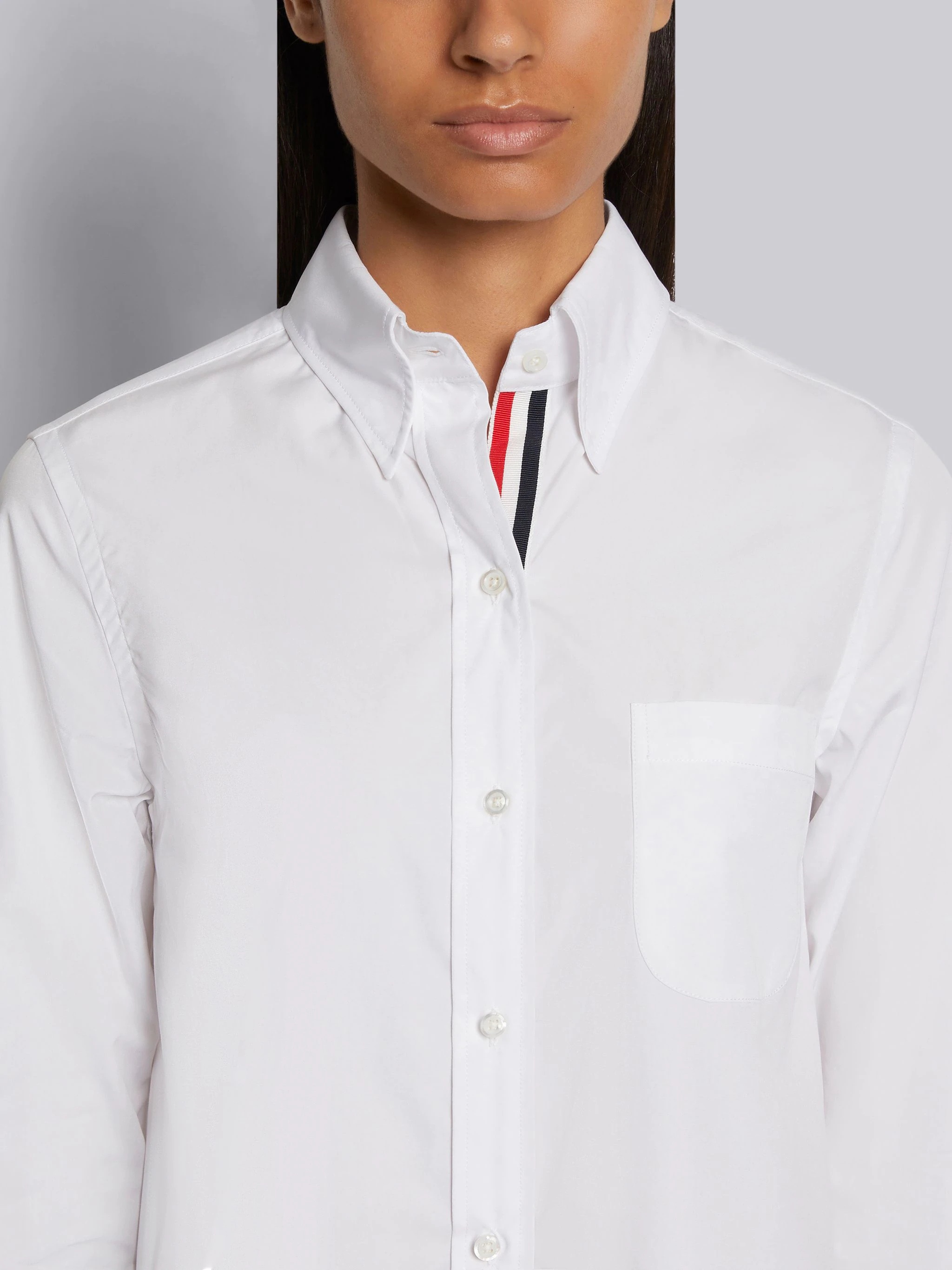 White Solid Poplin Stripe Grosgrain Placket Thigh Length Point Collar Shirtdress - 4