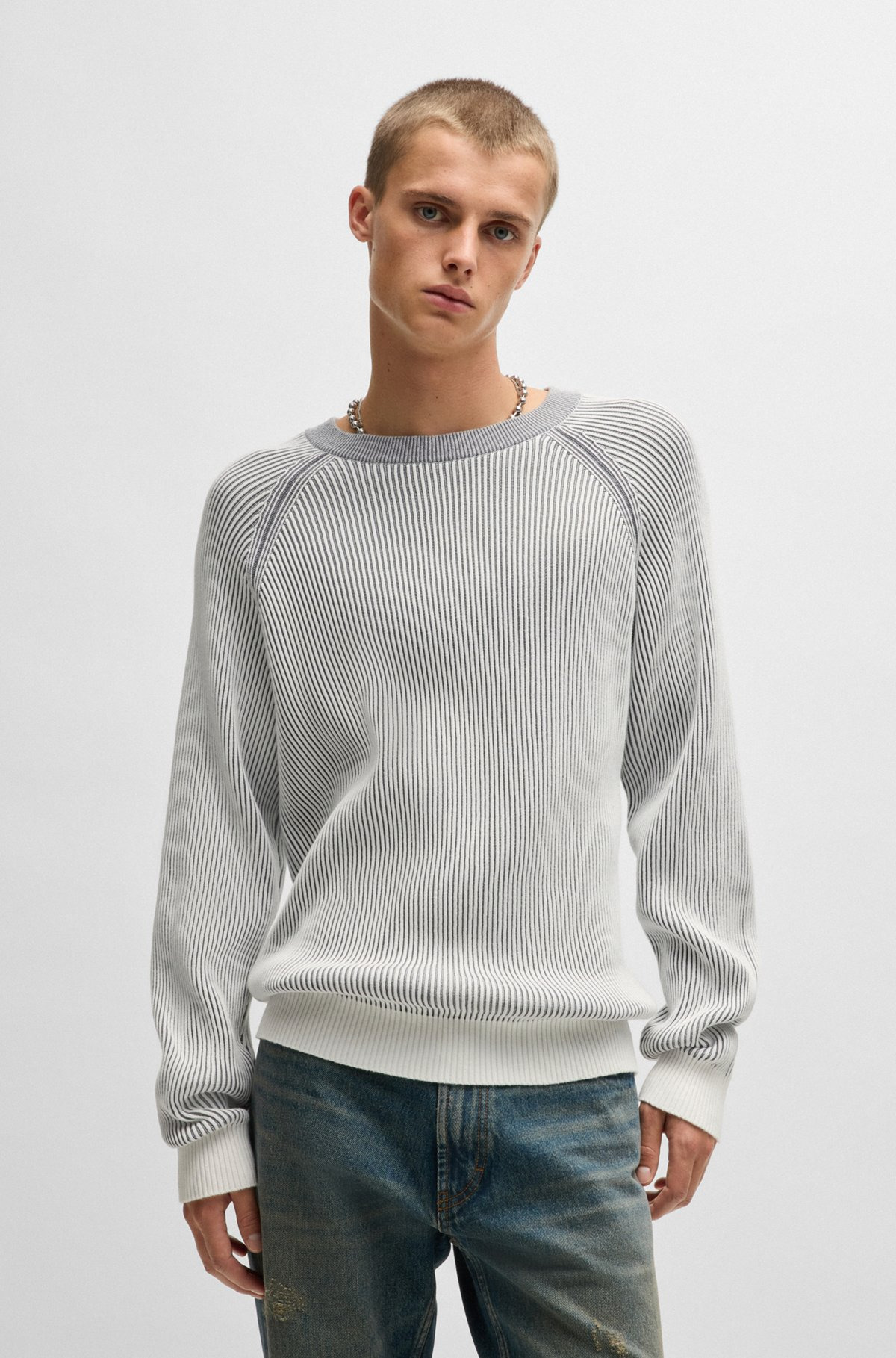 COTTON SWEATER WITH TWO-TONE RIBBING - 2