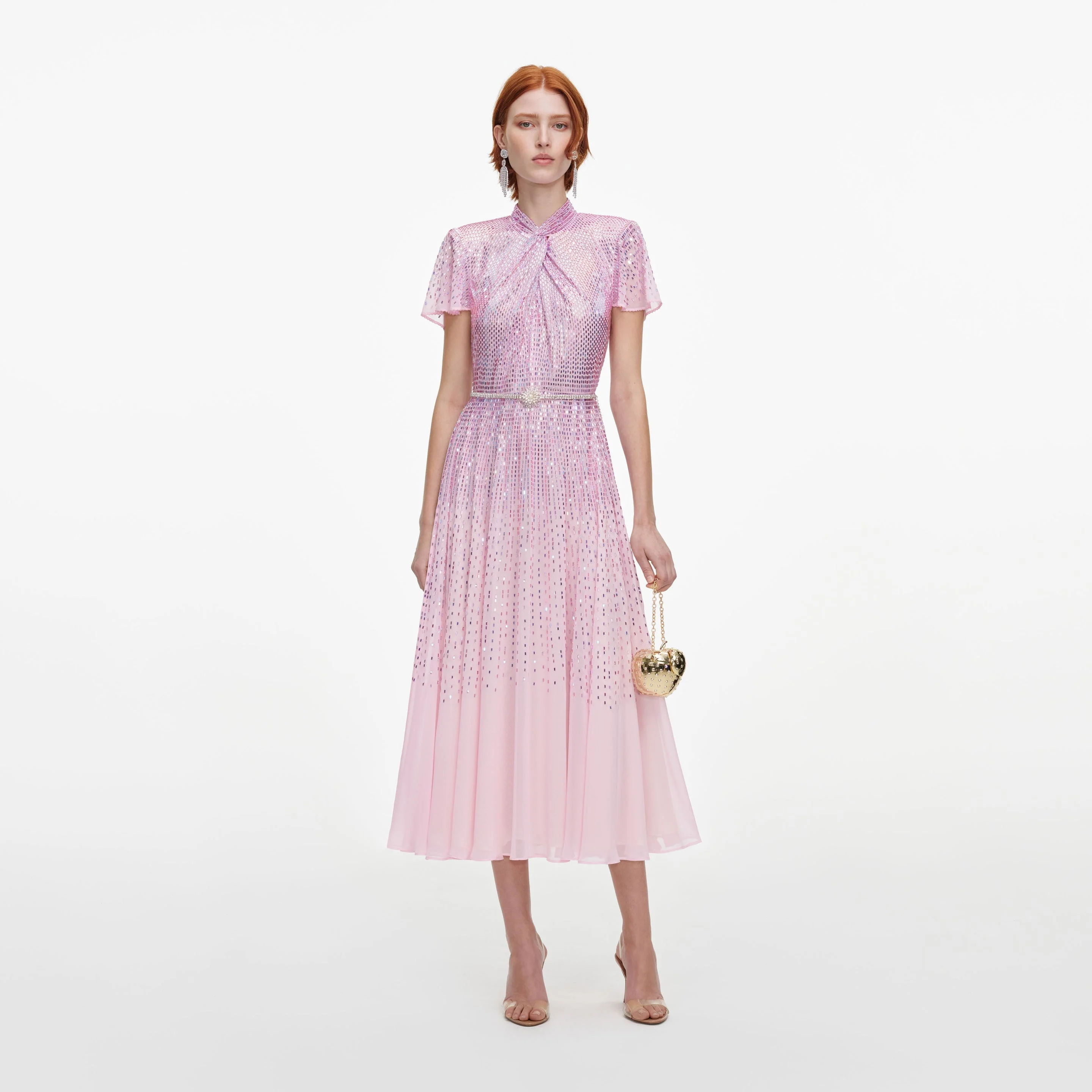 Pink Ombre Rhinestone Twist Midi Dress - 1