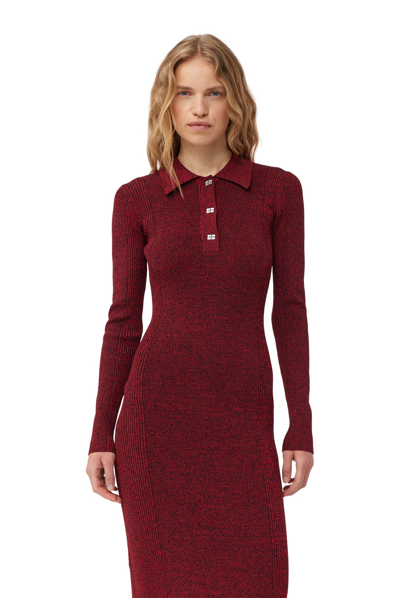 RED MELANGE RIB POLO DRESS - 5