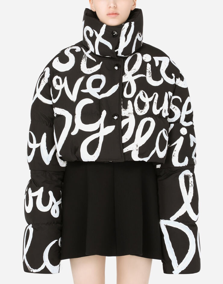 Short nylon down jacket with DG love yourself print - 1