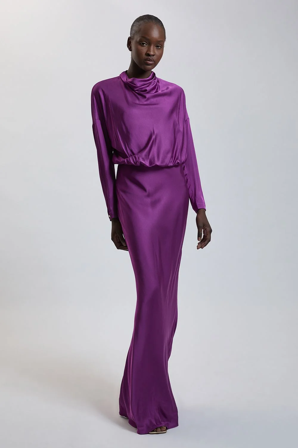 Viscose Satin Cowl Neck Midi Dress - 1