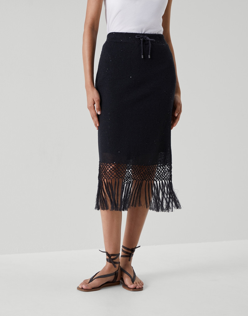 Linen and silk diamond yarn knit skirt with macramè fringe - 1