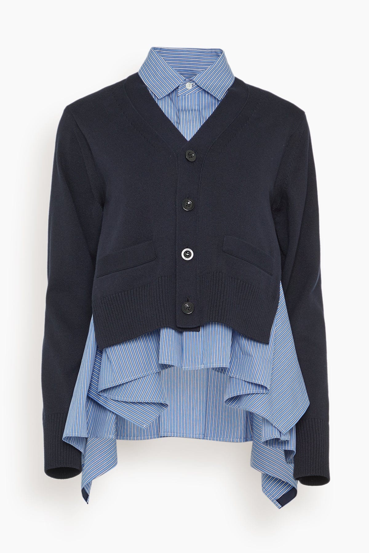 Cotton Poplin x Knit Cardigan in Navy and Blue Stripe - 1
