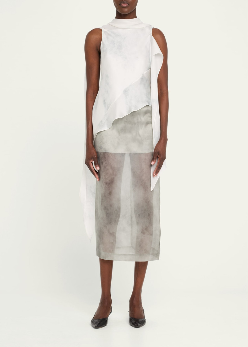 GRACE LING Fog Print Silk Organza Midi Skirt outlook