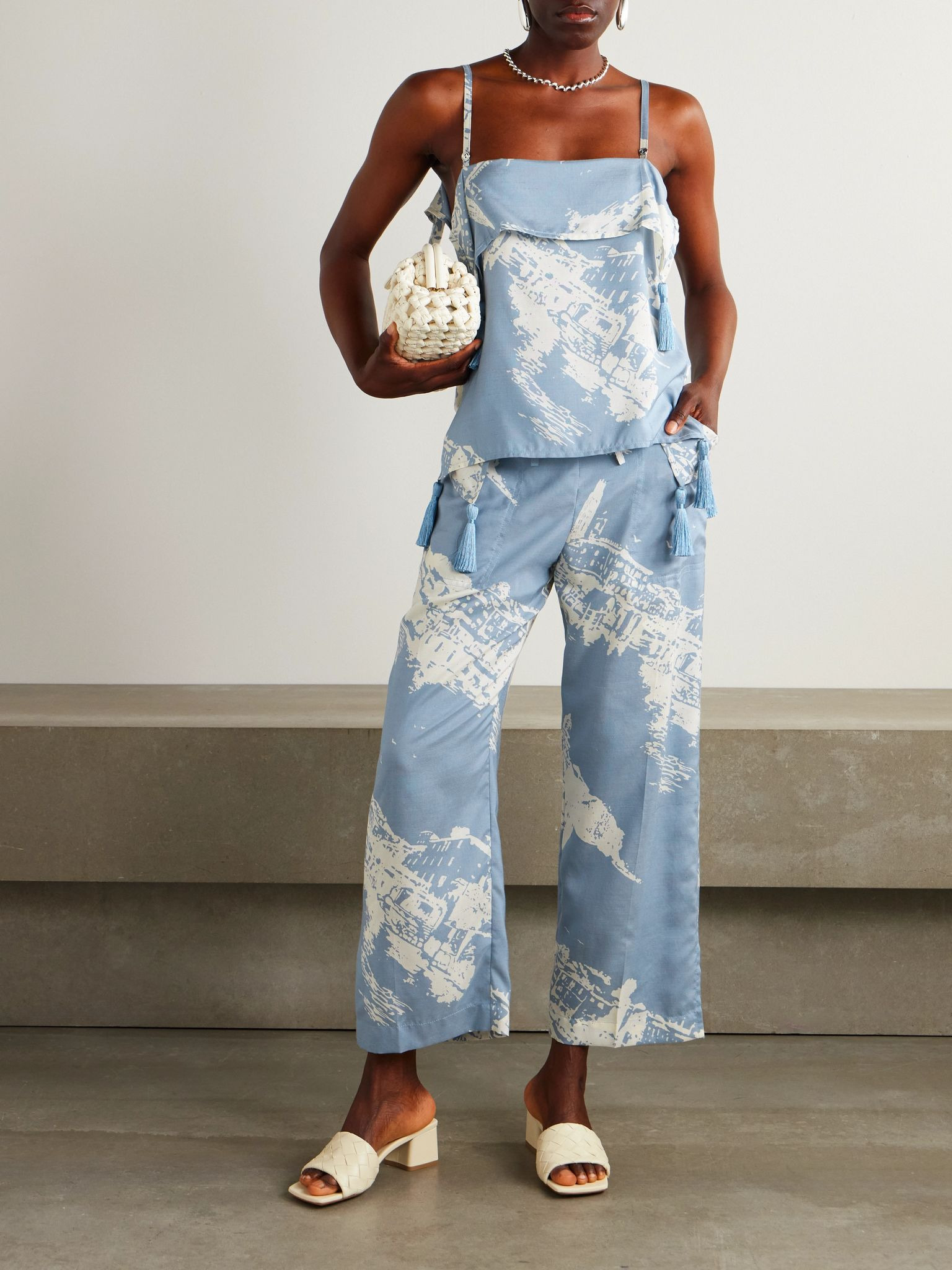 Tasseled printed silk and cotton-blend shantung tank Blue - 2