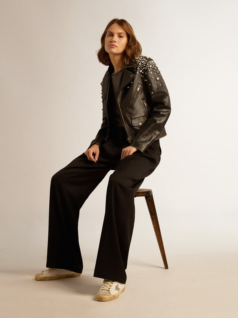 Golden Goose Women's biker jacket in distressed leather with cabochon crystals outlook
