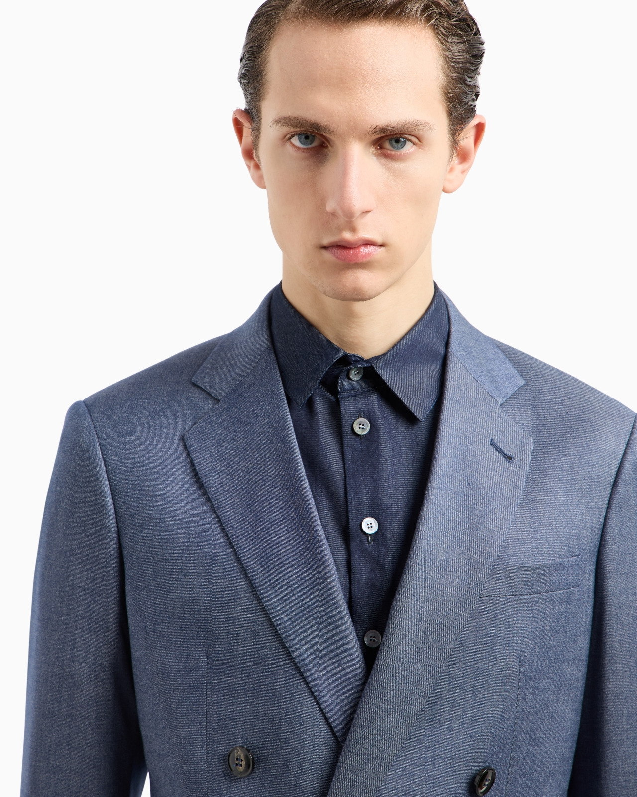 SOHO LINE DOUBLE-BREASTED DENIM-EFFECT CASHMERE AND STRETCH COTTON SUIT - 5