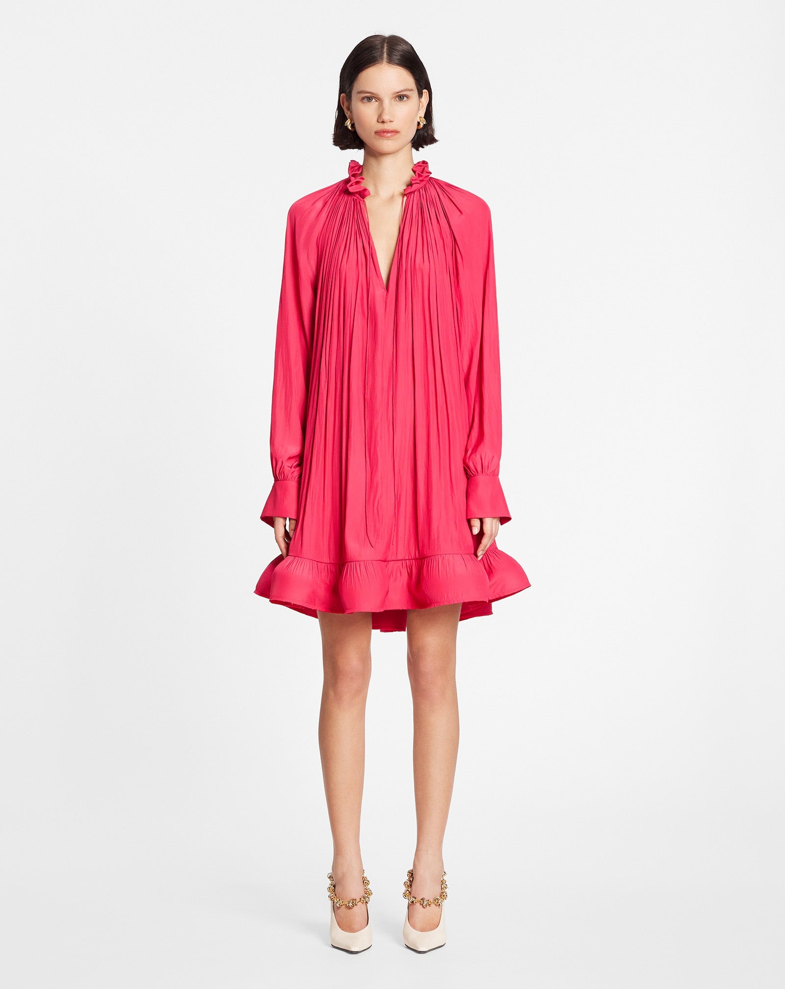 SHORT CHARMEUSE DRESS WITH LONG SLEEVES AND RUFFLES - 2