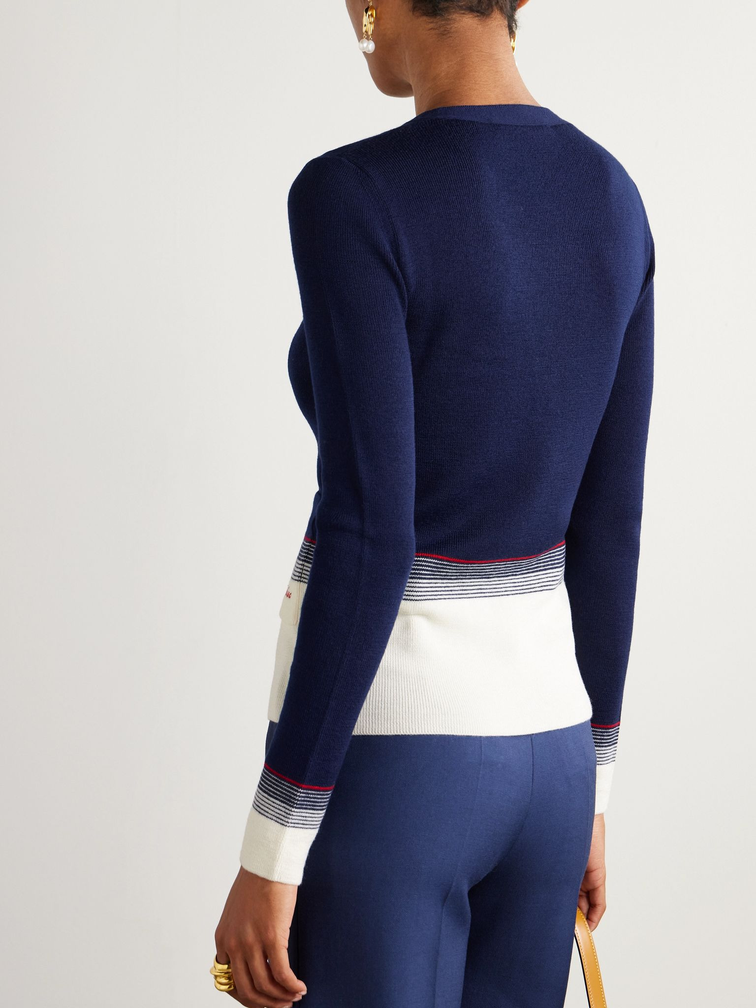 Striped embroidered wool cardigan Navy - 3