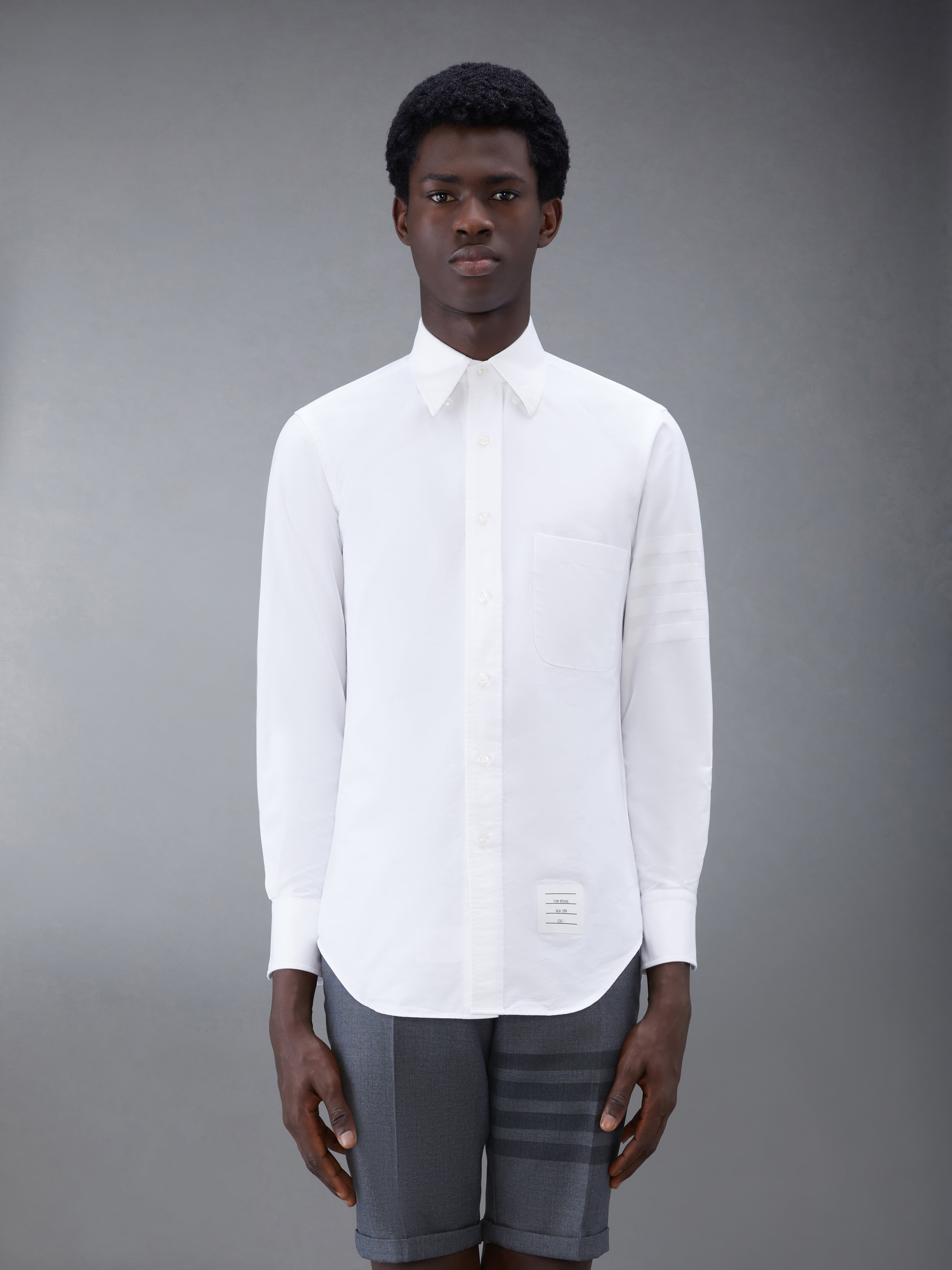 White Cotton Oxford Long Sleeve Satin Weave 4-Bar Shirt - 2