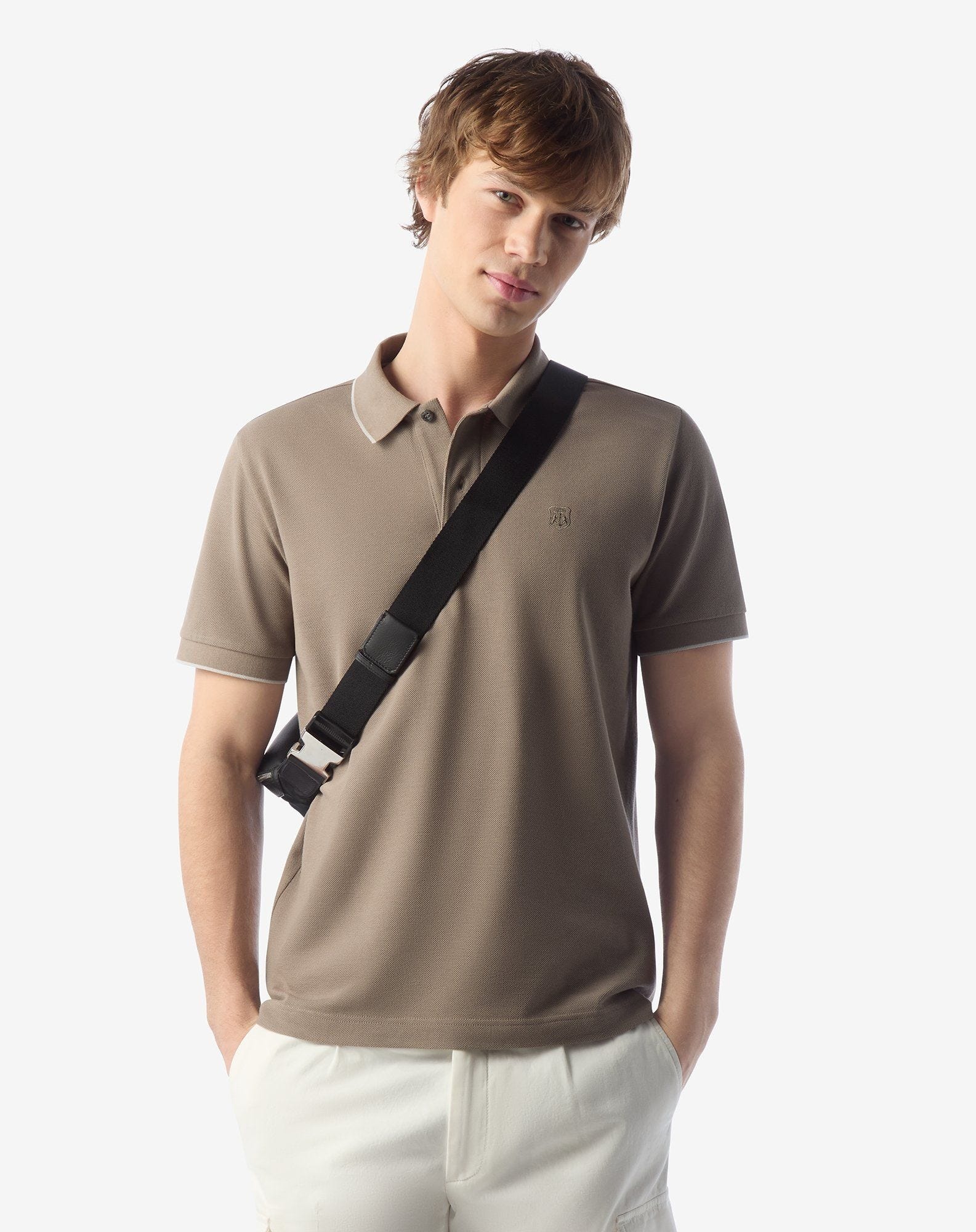 Taupe button-up compact cotton pique polo shirt - 2