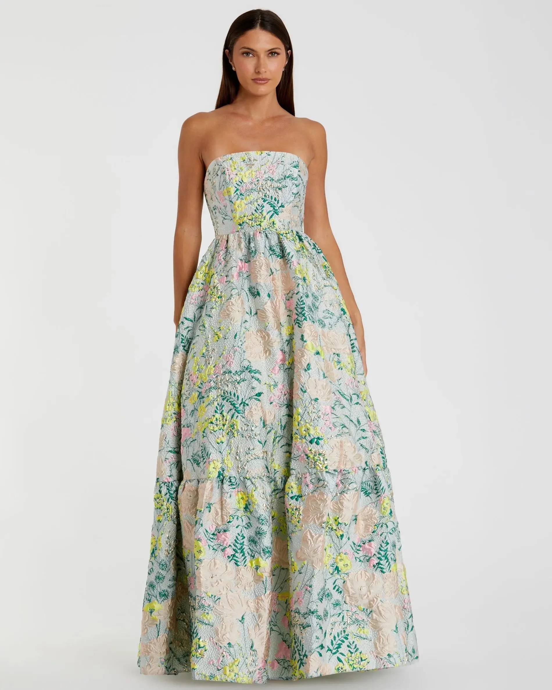 Pastel Multi Strapless Floral Brocade A-Line Gown - 1