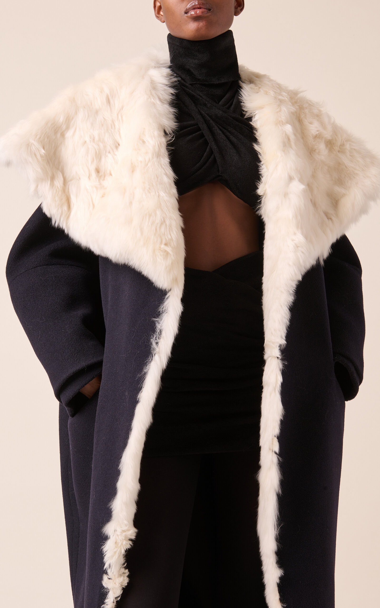 Fur Collar Wool Coat black - 2