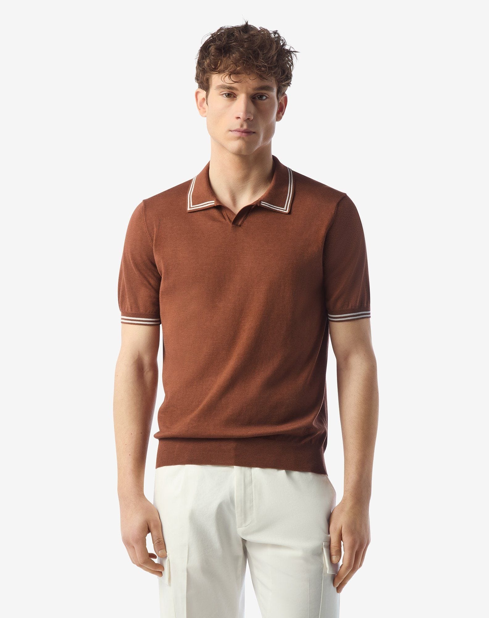 Burned earth/white silk and cotton polo shirt - 2