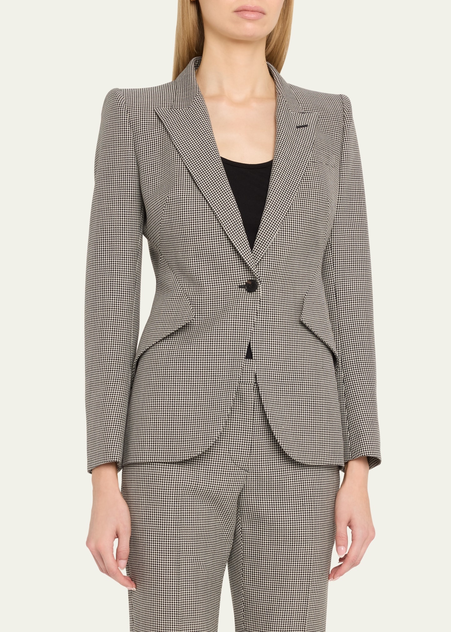 SIngle-Breasted Houndstooth Blazer - 4
