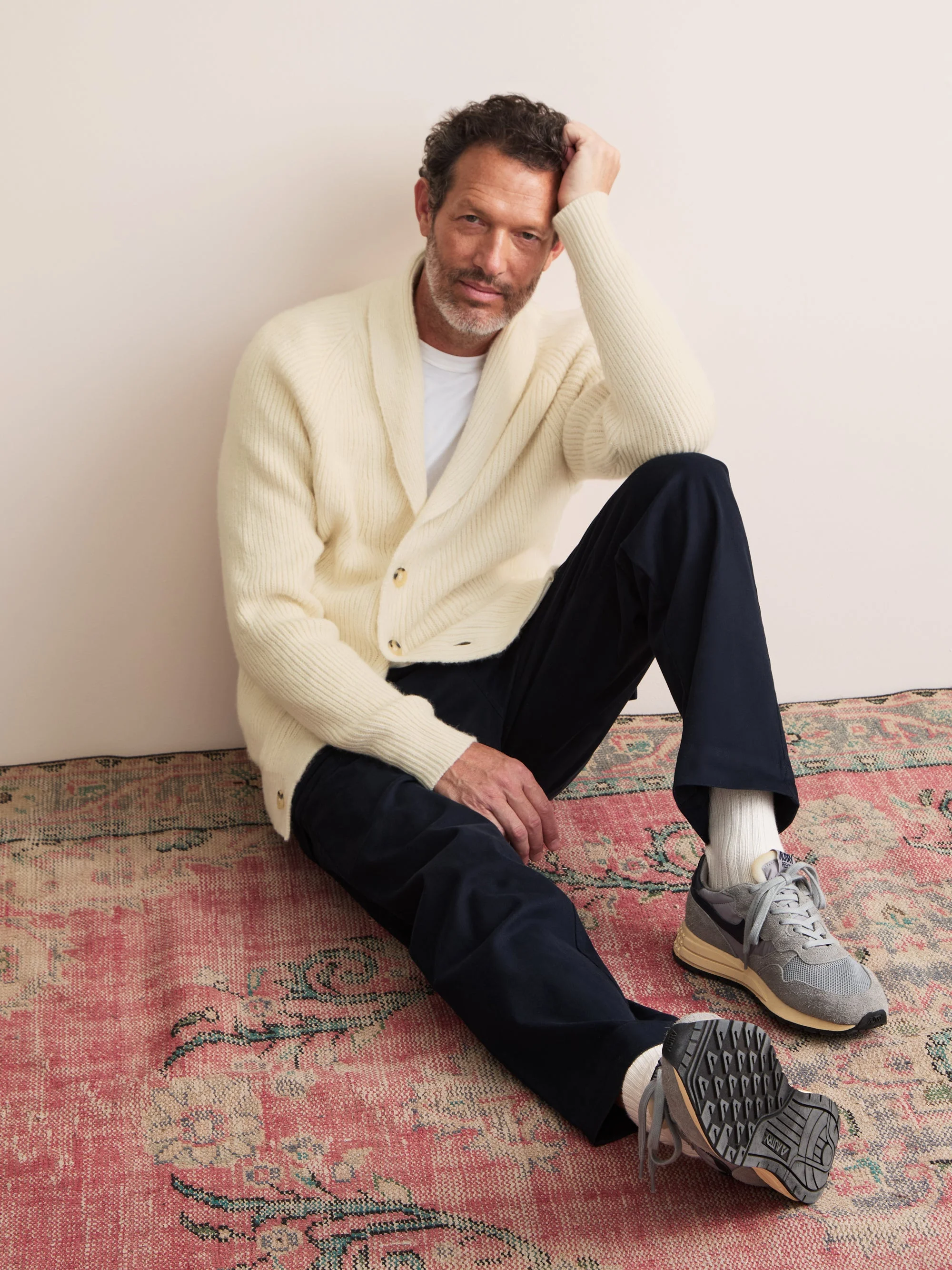 Arthur Wool Cashmere Ribbed Shawl Collar Cardigan Cream - 1