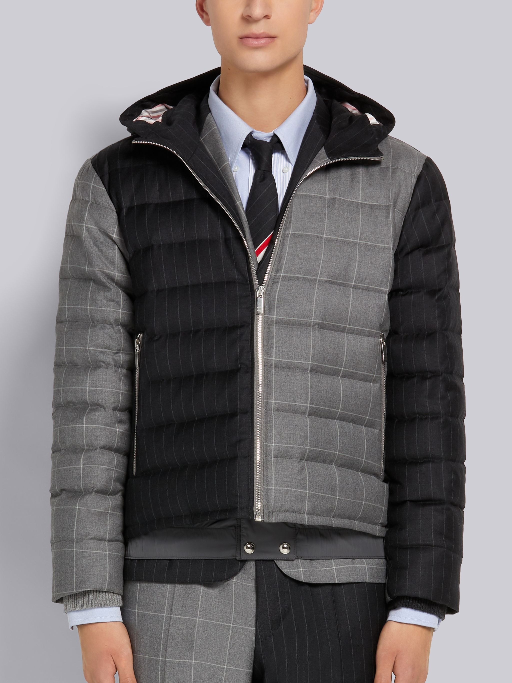 Dark Grey Down-Filled Pinstripe Wool Suiting Ski Jacket - 1