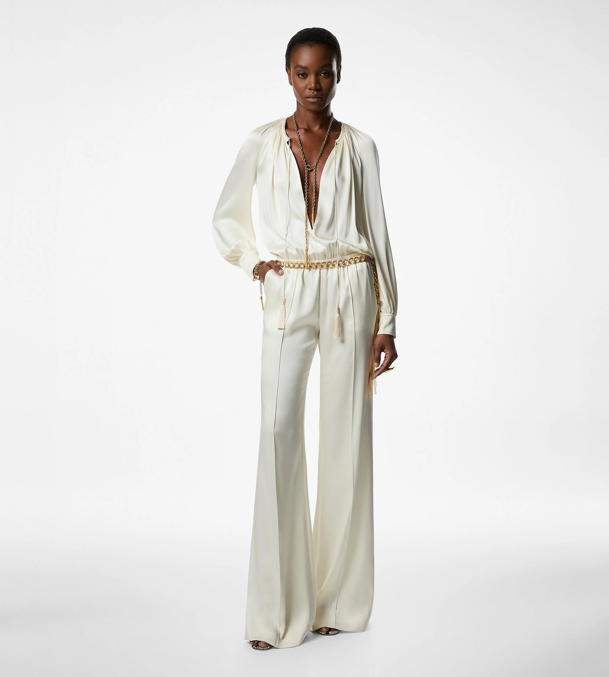 LONG SLEEVE GATHERED JUMPSUIT - 1