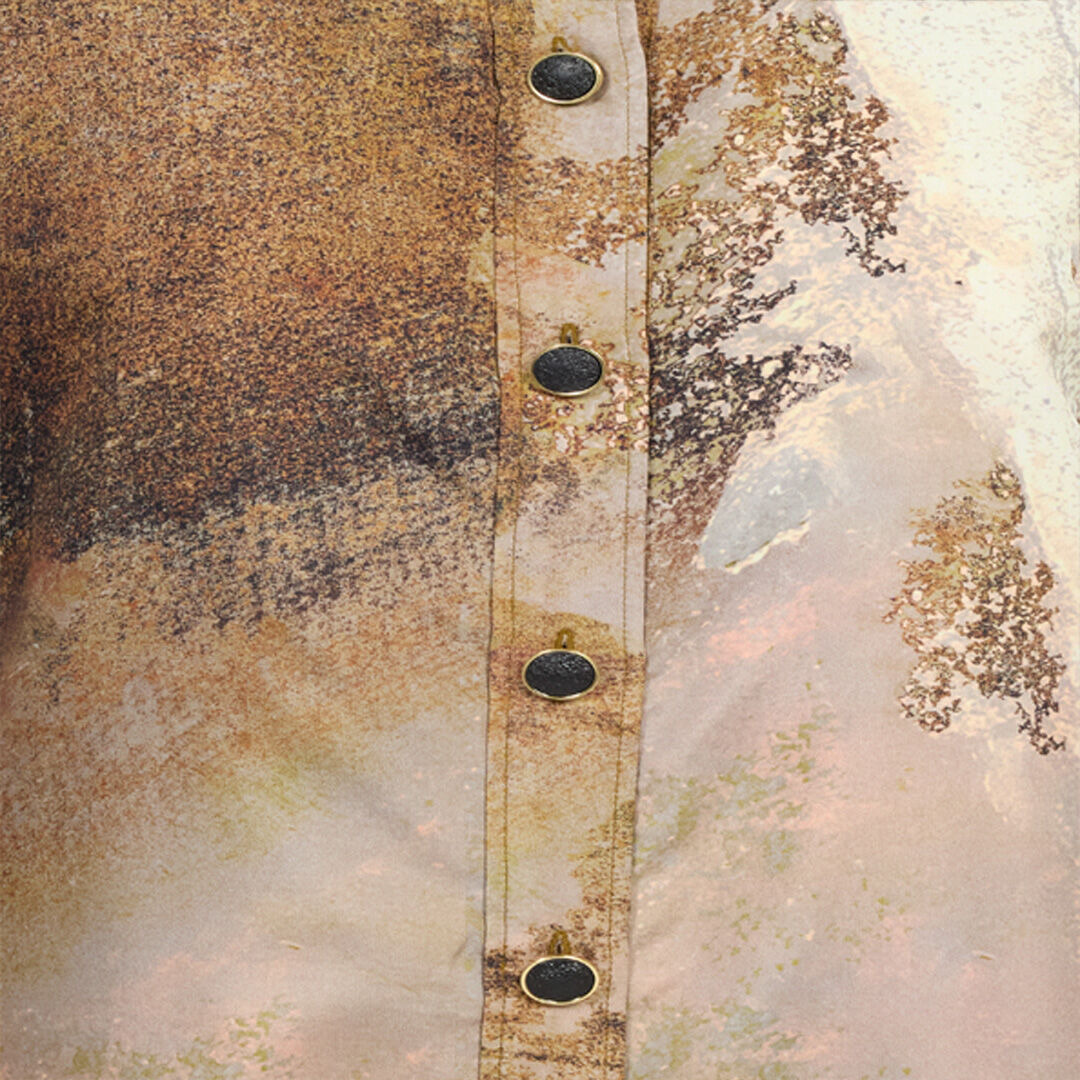 Beige Silk Shirt Dress with Marble Print - 5